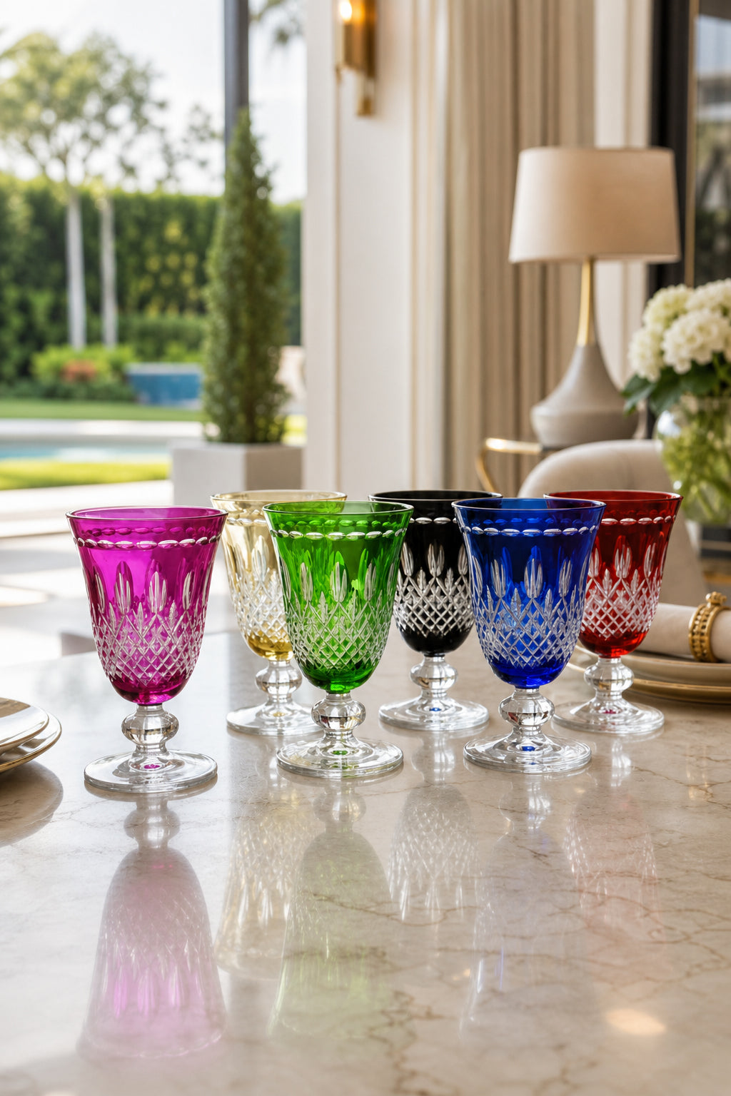 Renkli Kristal Ayaklı Meşrubat Bardağı 6'lı 280 ml - Royal Desen Lüks, 6 Adet