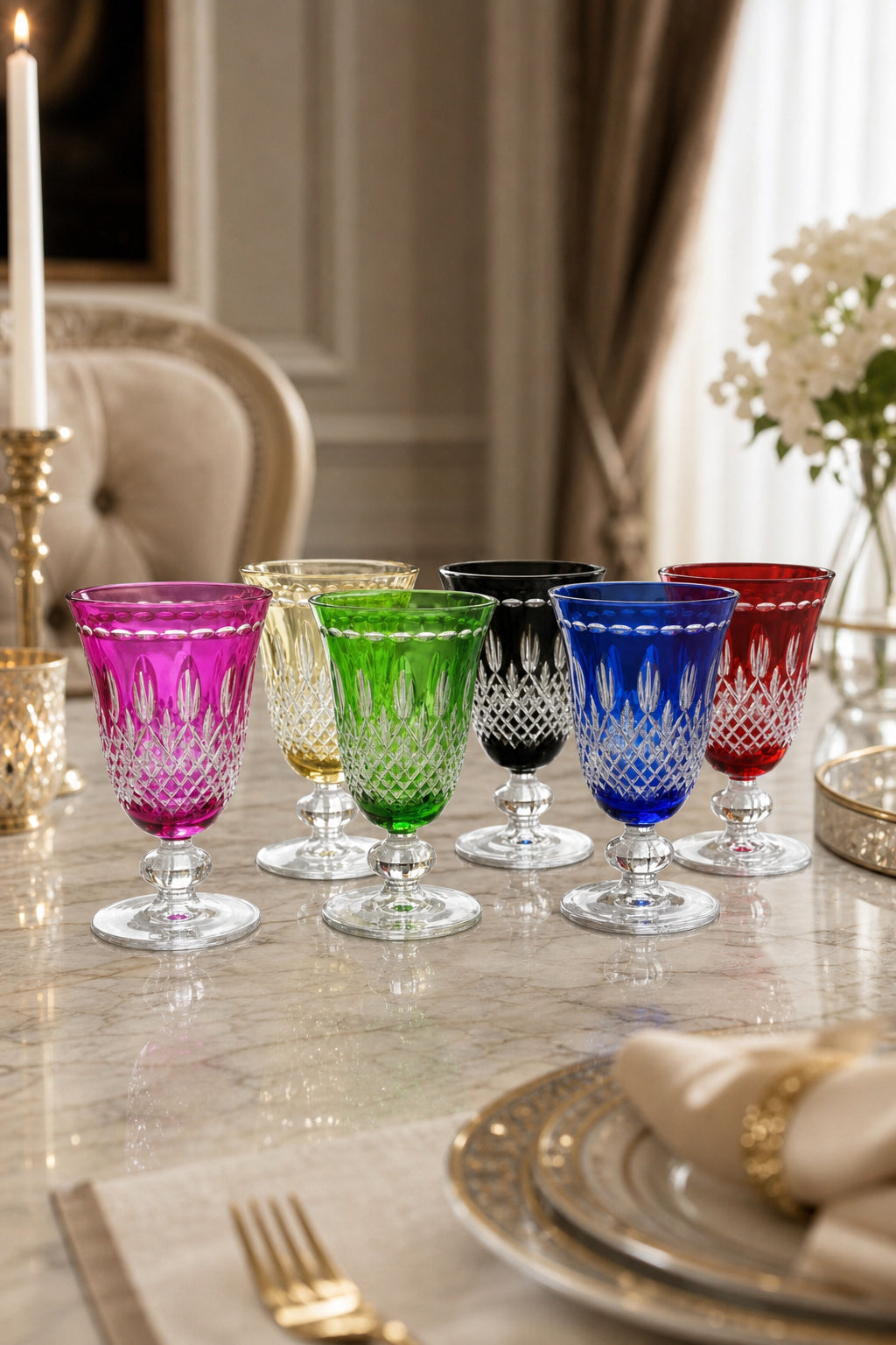 Renkli Kristal Ayaklı Meşrubat Bardağı 6'lı 280 ml - Royal Desen Lüks, 6 Adet