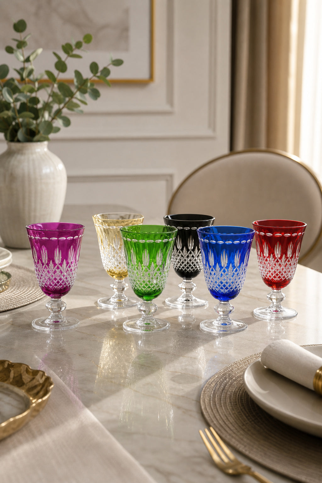 Renkli Kristal Ayaklı Meşrubat Bardağı 6'lı 280 ml - Royal Desen Lüks, 6 Adet