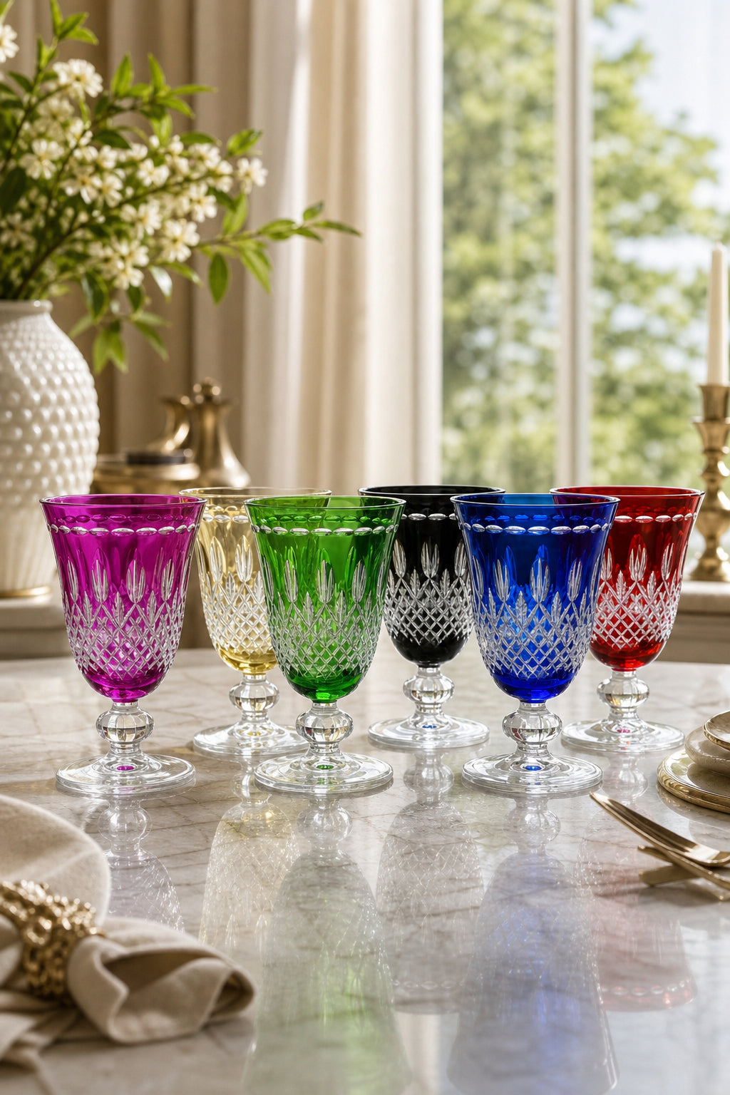 Renkli Kristal Ayaklı Meşrubat Bardağı 6'lı 280 ml - Royal Desen Lüks, 6 Adet