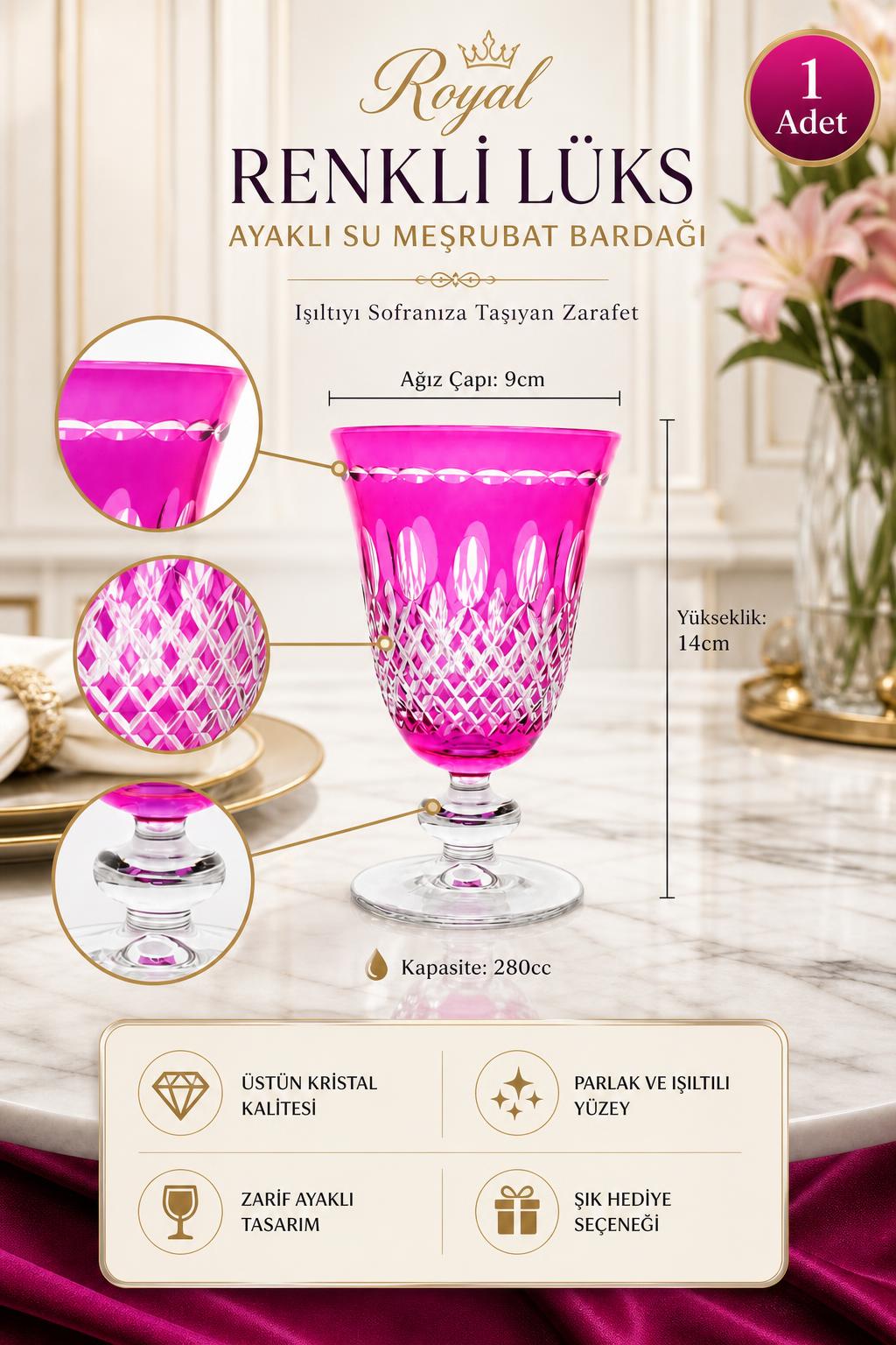 Renkli Kristal Ayaklı Su Bardağı 280 ml - Royal Desen Lüks Meşrubat, 1 Adet