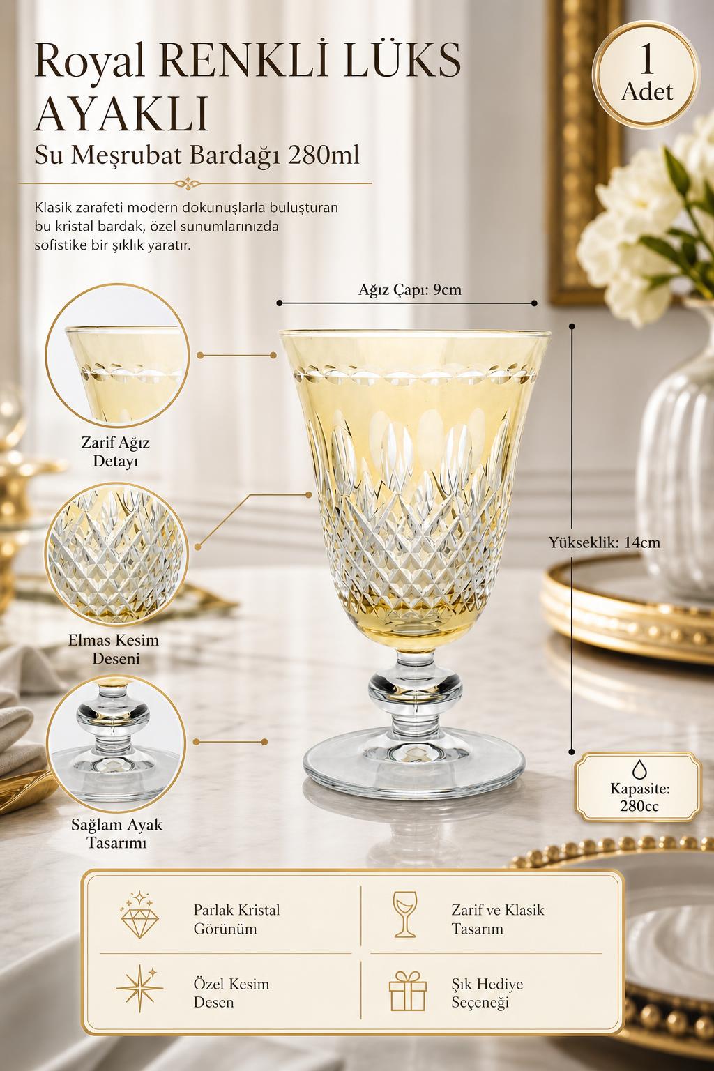 Renkli Kristal Ayaklı Su Bardağı 280 ml - Royal Desen Lüks Meşrubat, 1 Adet