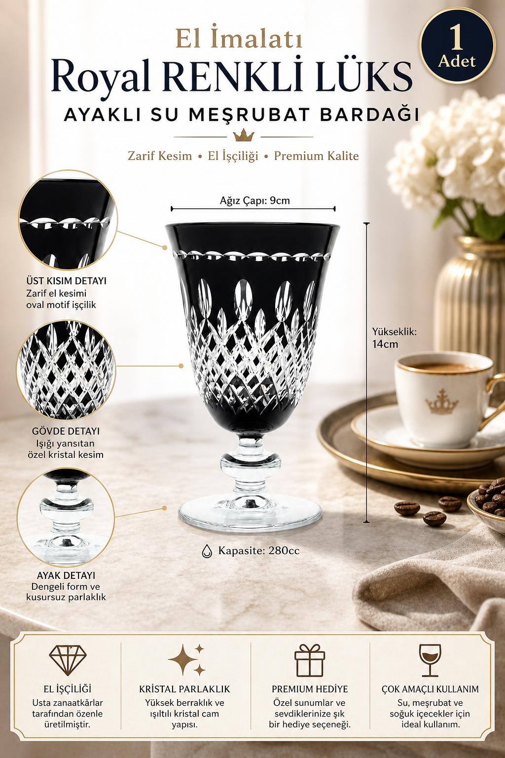 Renkli Kristal Ayaklı Su Bardağı 280 ml - Royal Desen Lüks Meşrubat, 1 Adet