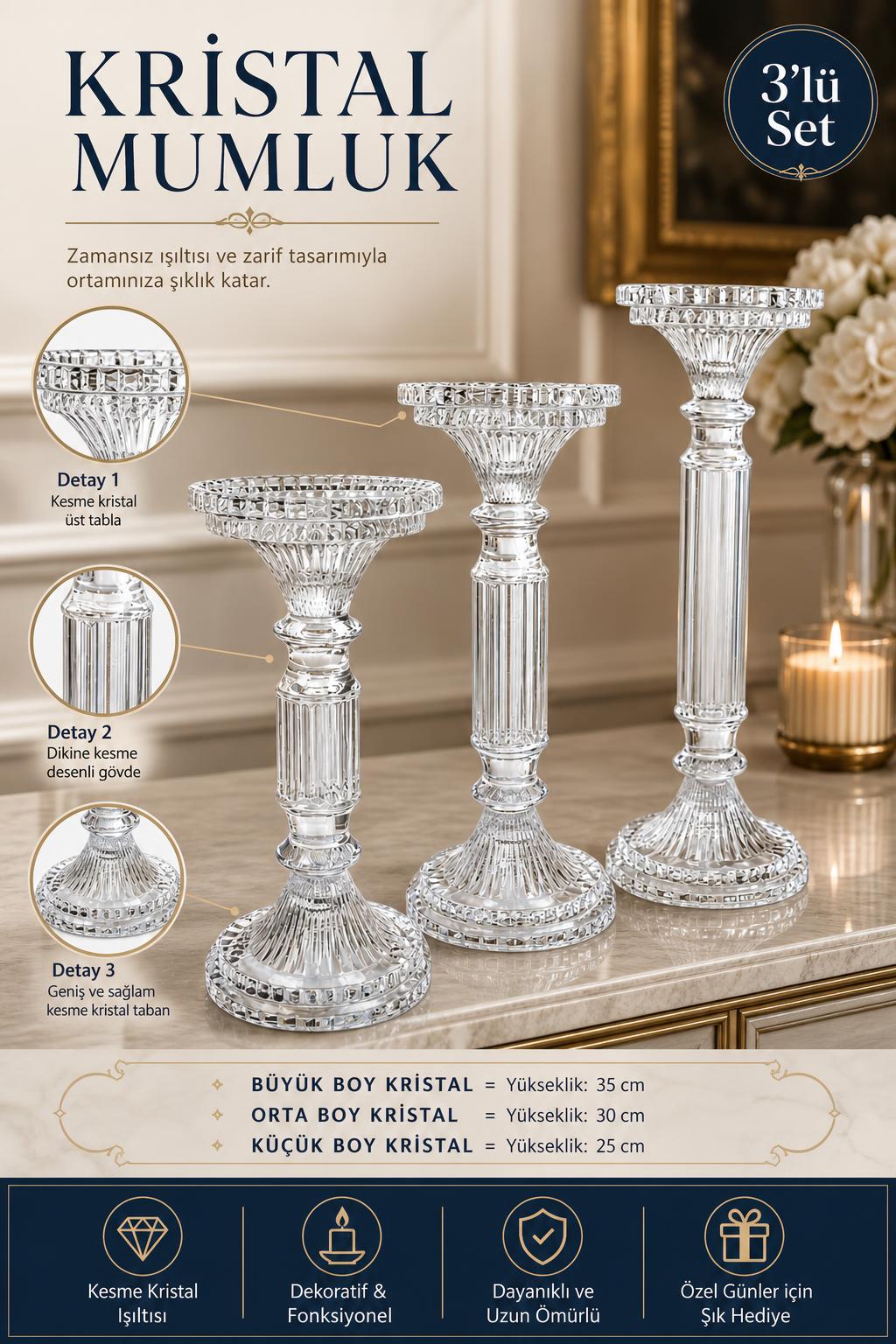 Kristal Mumluk - Dekoratif, 3 Adet