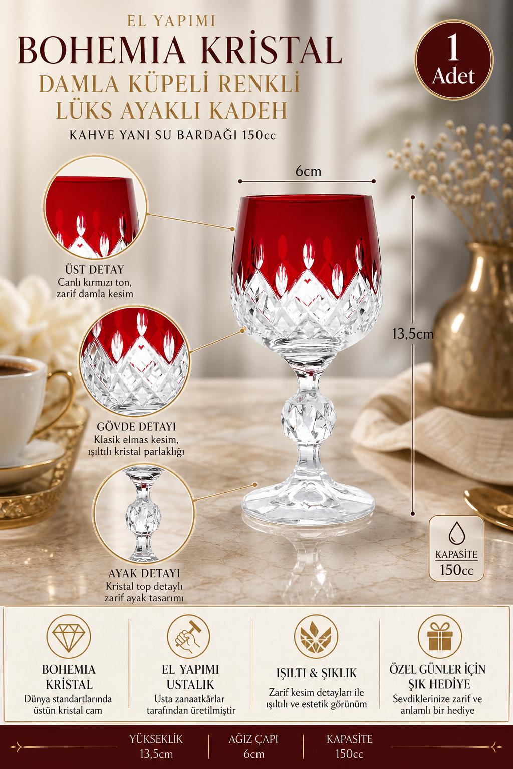 Bohemia Renkli Kristal Ayaklı Kadeh 150 cc - Damla Küpeli Kahve Yanı Su Bardağı, 1 Adet