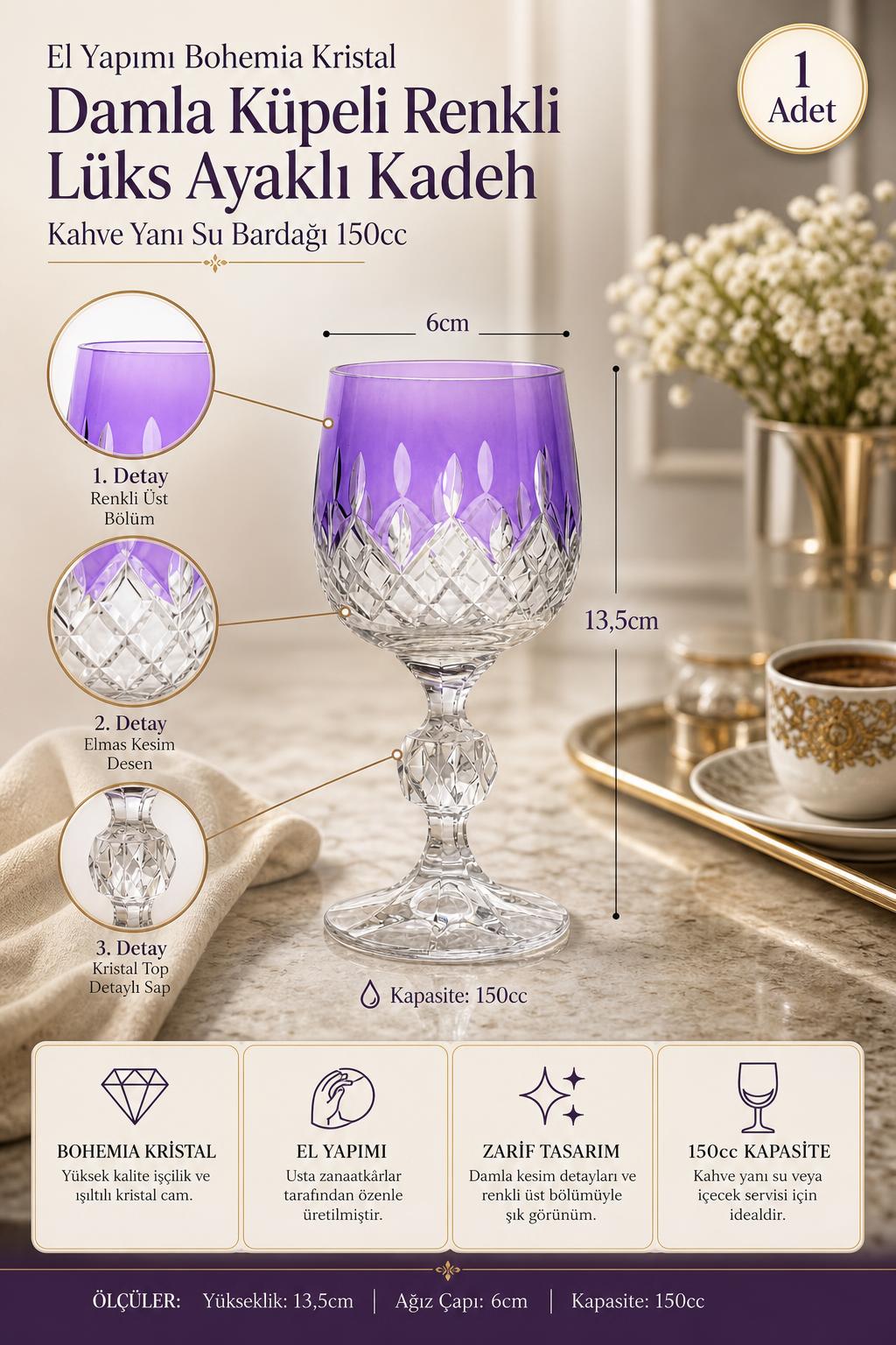 Bohemia Renkli Kristal Ayaklı Kadeh 150 cc - Damla Küpeli Kahve Yanı Su Bardağı, 1 Adet