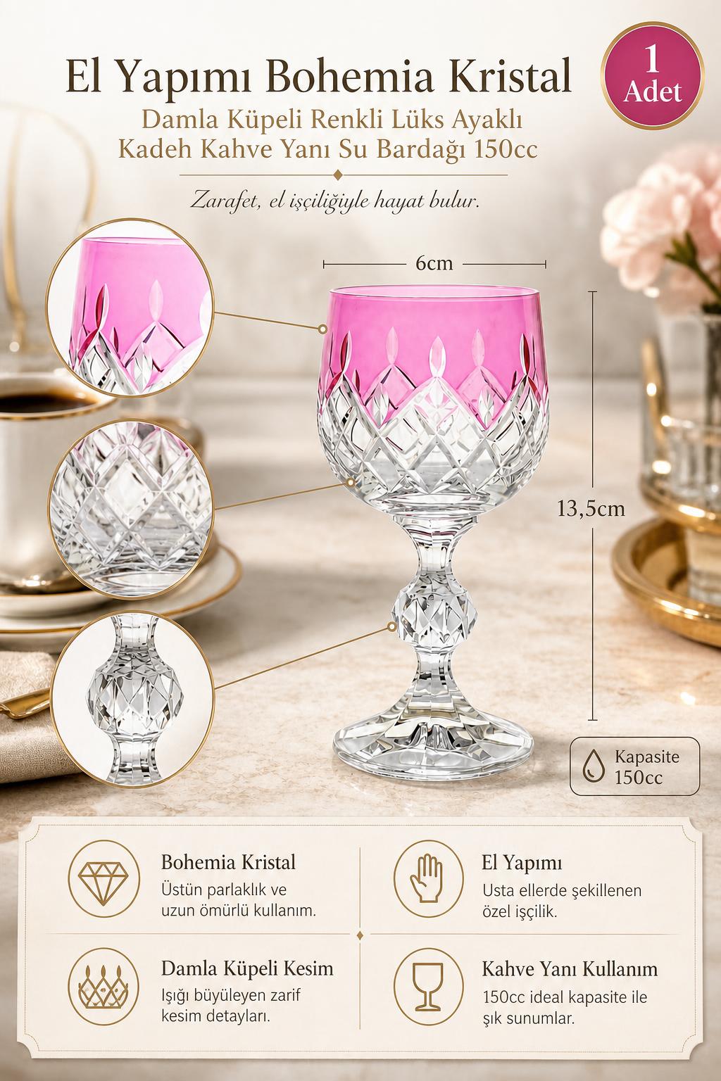 Bohemia Renkli Kristal Ayaklı Kadeh 150 cc - Damla Küpeli Kahve Yanı Su Bardağı, 1 Adet