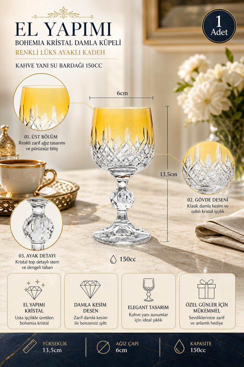 Bohemia Renkli Kristal Ayaklı Kadeh 150 cc - Damla Küpeli Kahve Yanı Su Bardağı, 1 Adet