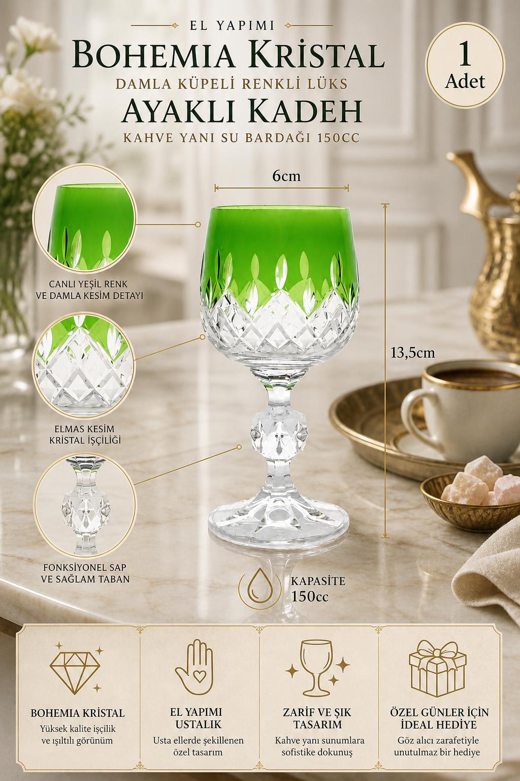 Bohemia Renkli Kristal Ayaklı Kadeh 150 cc - Damla Küpeli Kahve Yanı Su Bardağı, 1 Adet