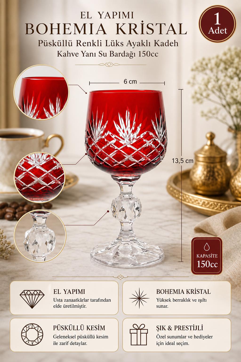 Bohemia Renkli Kristal Ayaklı Kadeh 150 cc - Püsküllü Kahve Yanı Su Bardağı, 1 Adet