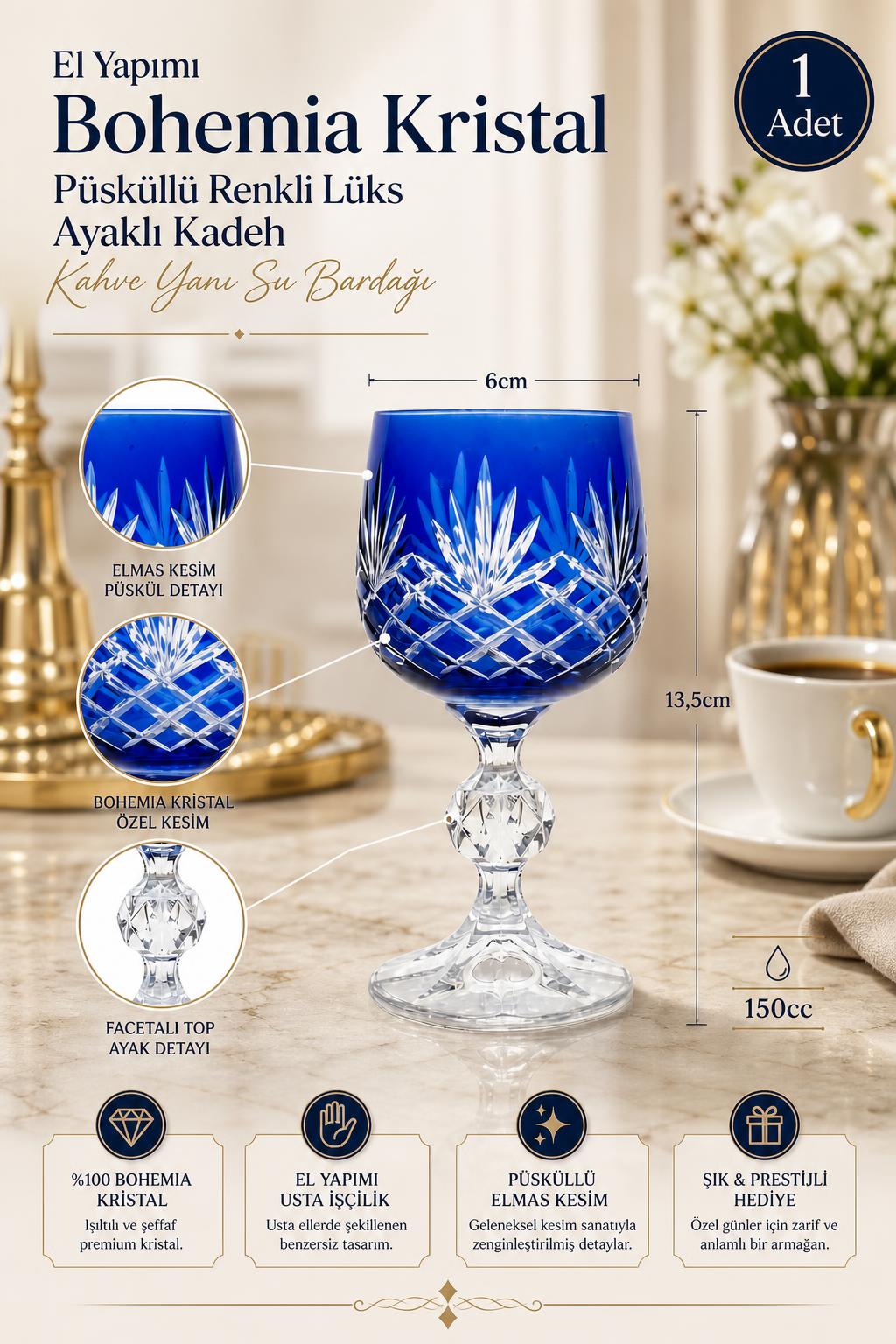 Bohemia Renkli Kristal Ayaklı Kadeh 150 cc - Püsküllü Kahve Yanı Su Bardağı, 1 Adet