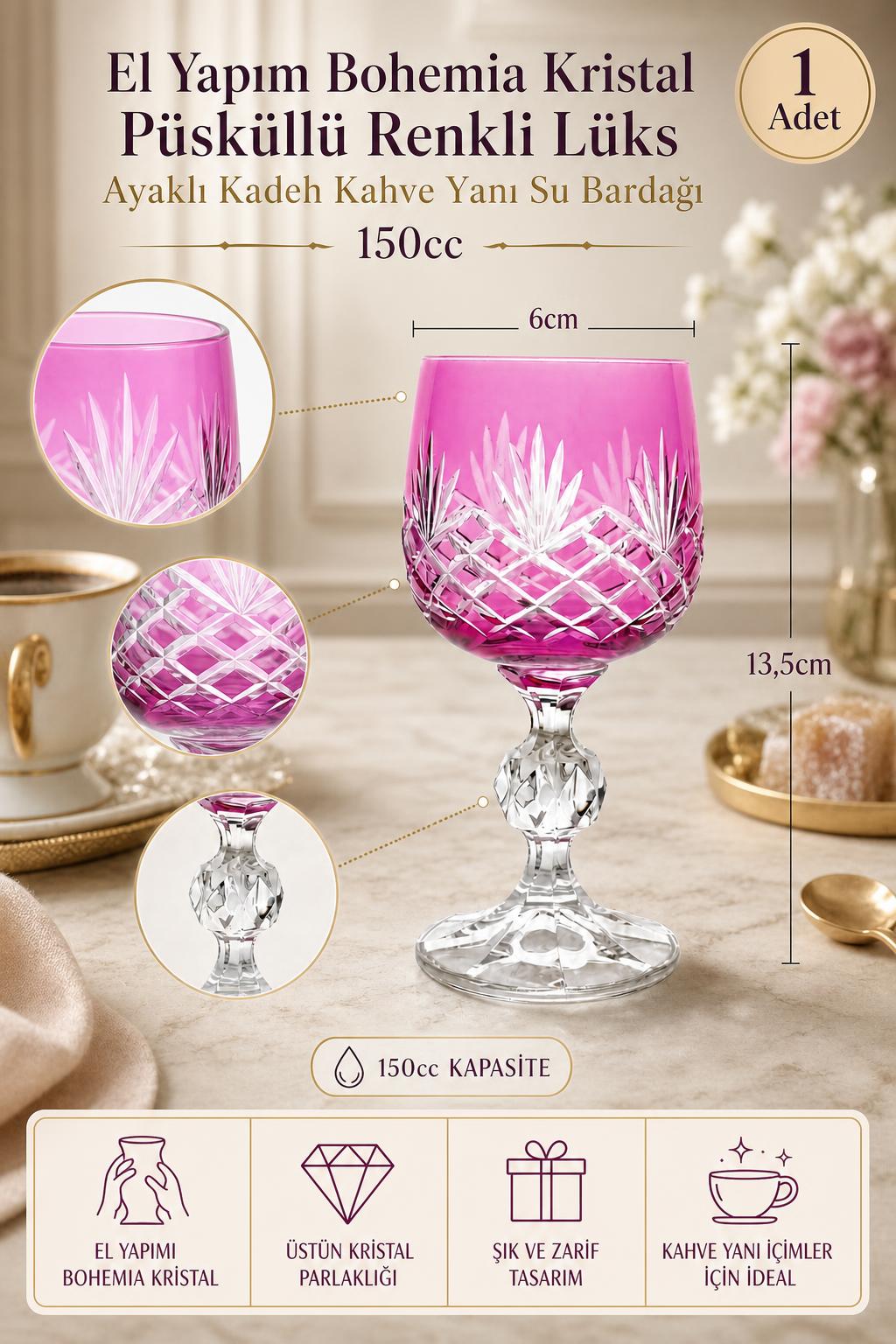 Bohemia Renkli Kristal Ayaklı Kadeh 150 cc - Püsküllü Kahve Yanı Su Bardağı, 1 Adet