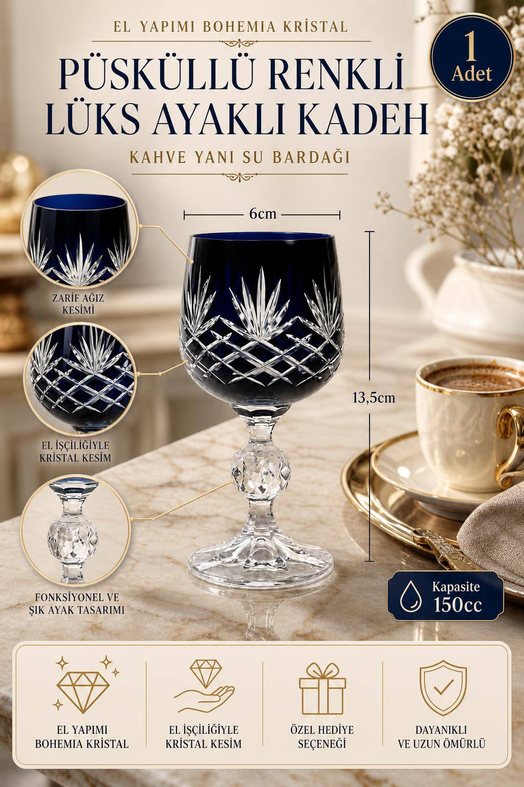 Bohemia Renkli Kristal Ayaklı Kadeh 150 cc - Püsküllü Kahve Yanı Su Bardağı, 1 Adet