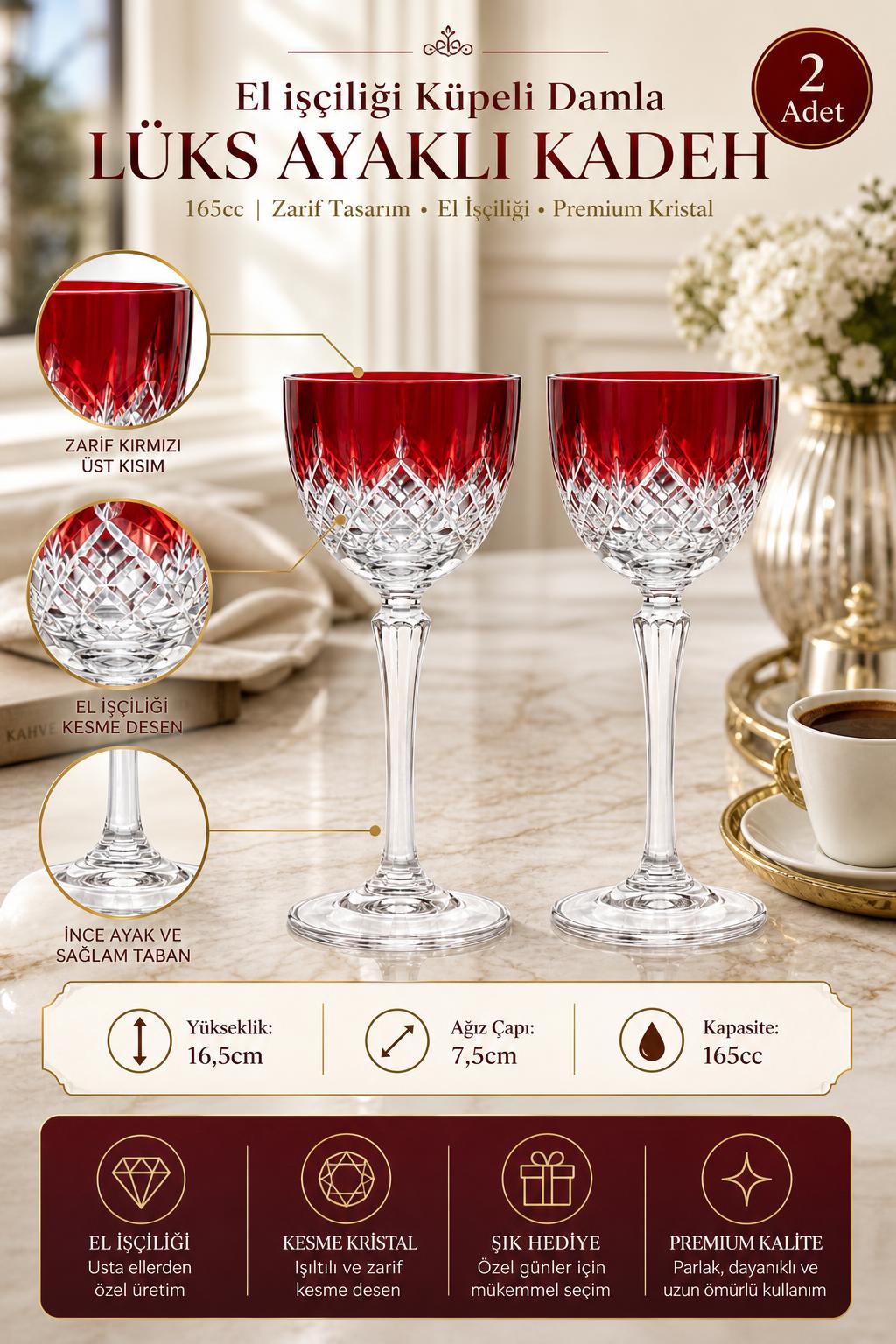 Kristal Ayaklı Kadeh 165 cc - Küpeli Damla Desen Lüks, 2 Adet