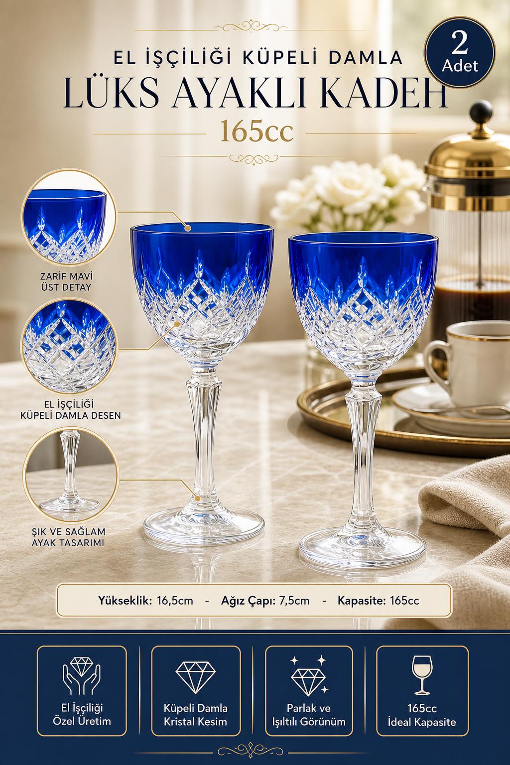 Kristal Ayaklı Kadeh 165 cc - Küpeli Damla Desen Lüks, 2 Adet