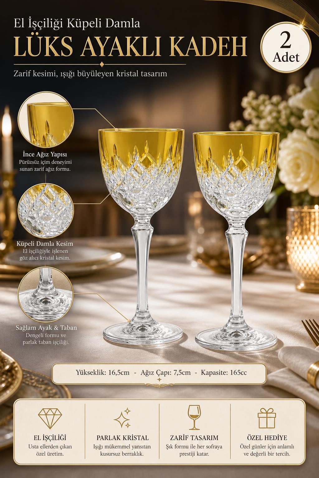 Kristal Ayaklı Kadeh 165 cc - Küpeli Damla Desen Lüks, 2 Adet