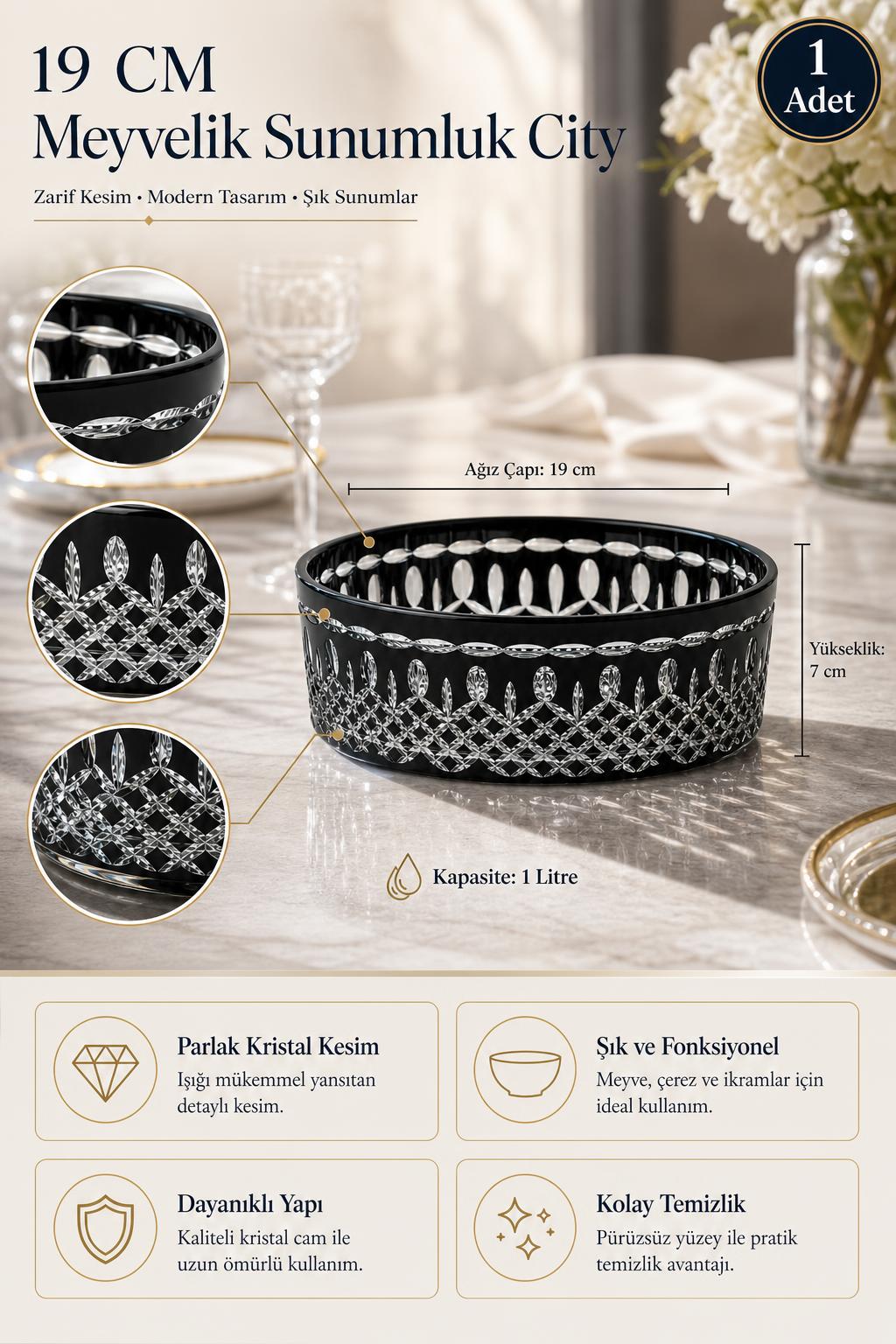 Kristal Meyvelik 19 cm - City Model Sunumluk, 1 Adet