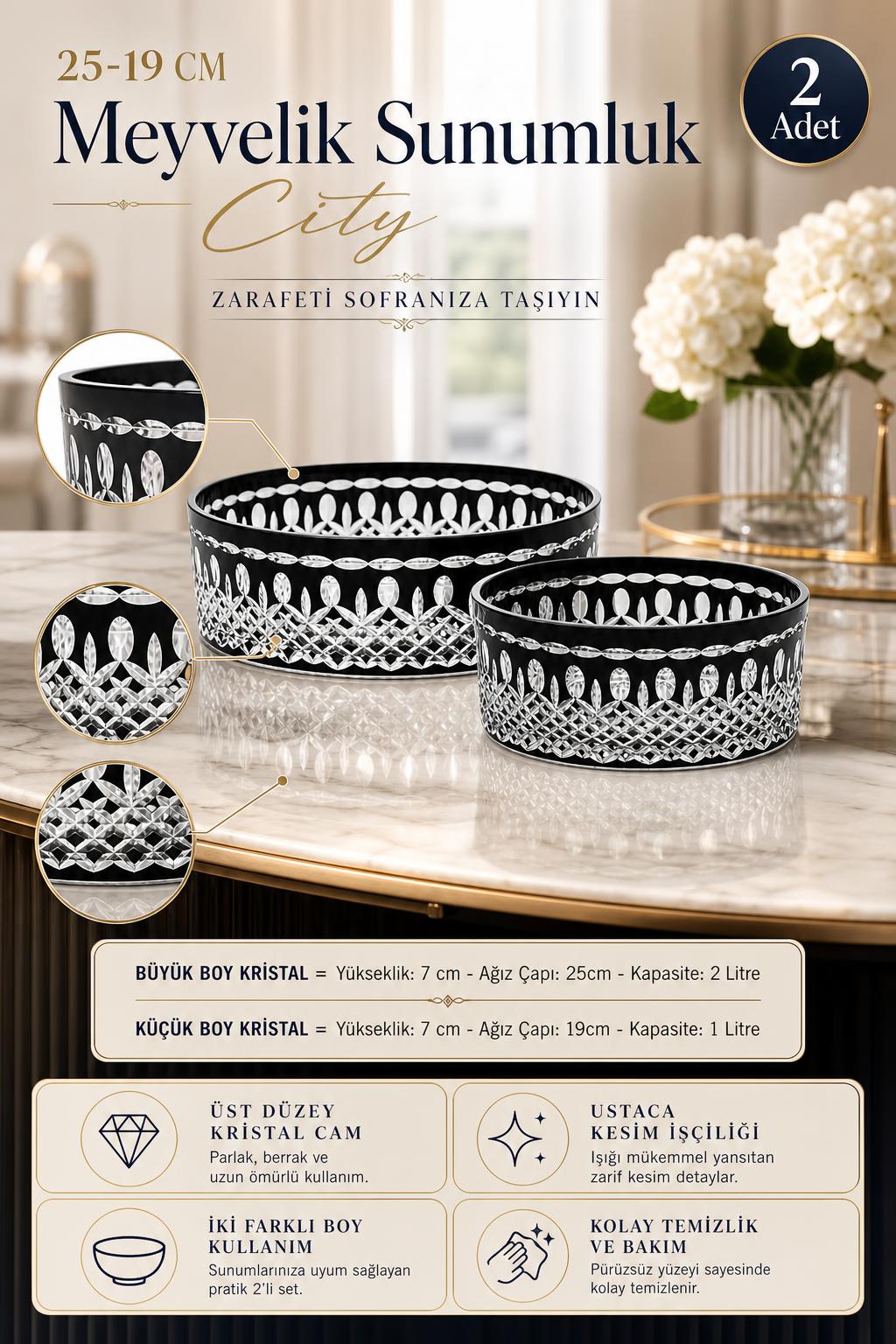 Kristal Meyvelik Seti 25-19 cm - City Model Sunumluk, 2 Adet