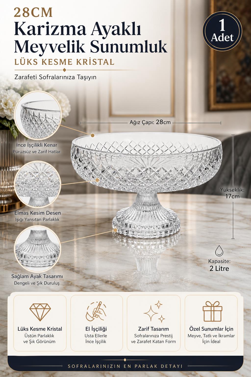 Kesme Kristal Ayaklı Meyvelik 28 cm - Karizma Model Lüks Sunumluk, 1 Adet