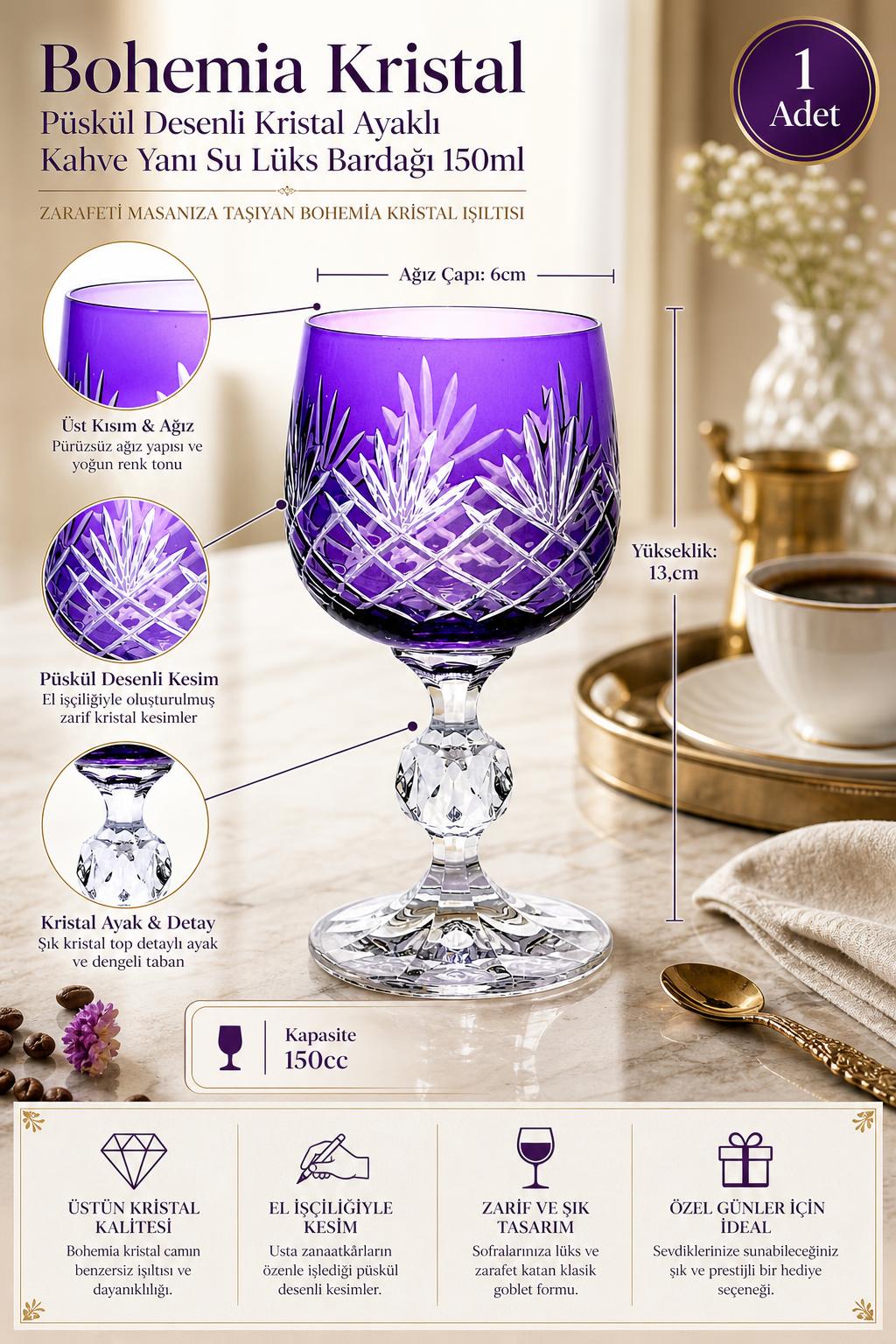 Bohemia Kristal Ayaklı Kahve Yanı Su Bardağı 150 ml - Püskül Desenli Lüks, 1 Adet