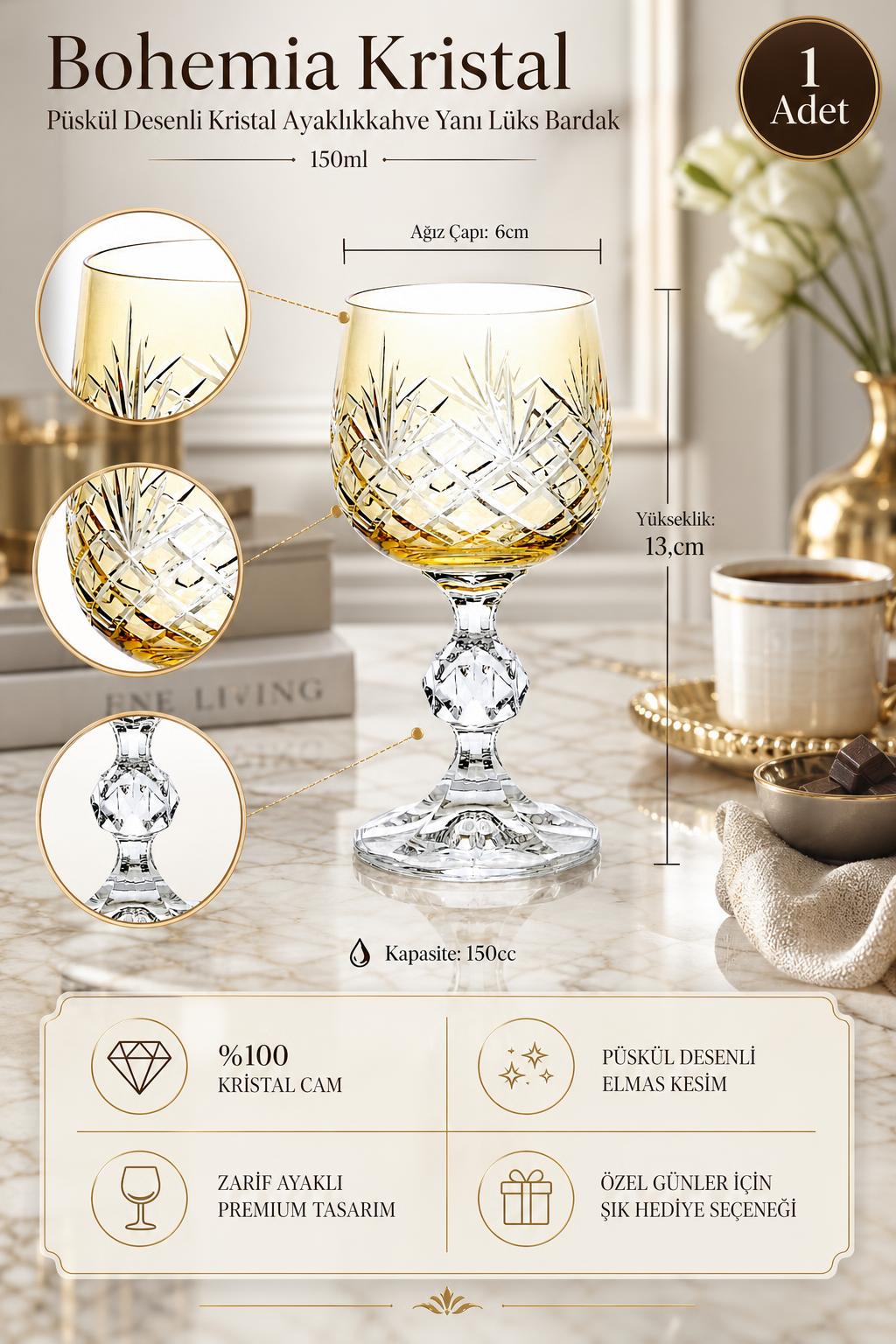 Bohemia Kristal Ayaklı Kahve Yanı Su Bardağı 150 ml - Püskül Desenli Lüks, 1 Adet