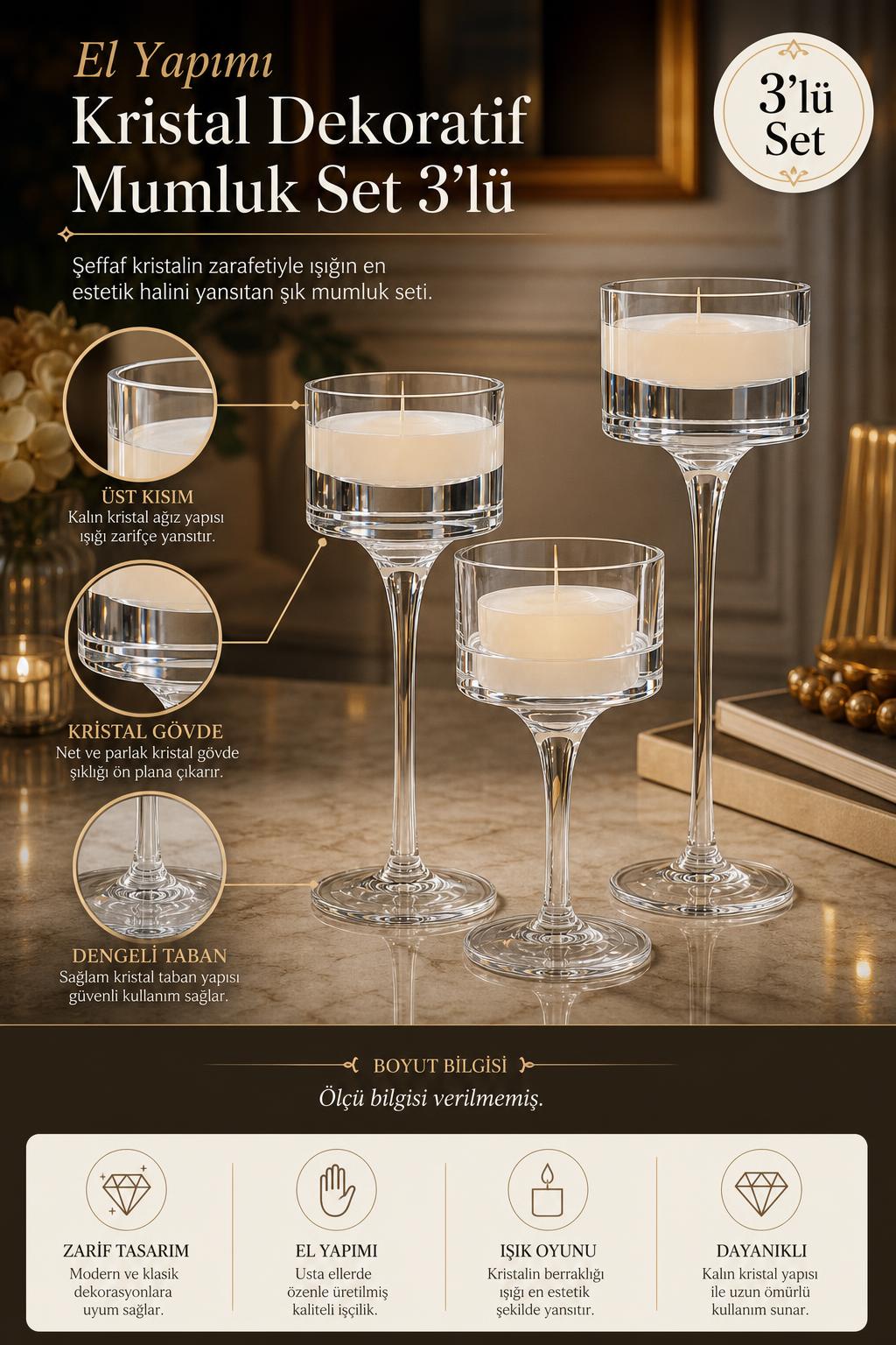 Kristal Mumluk Seti 3'lü - Dekoratif Mumluk, 3 Adet