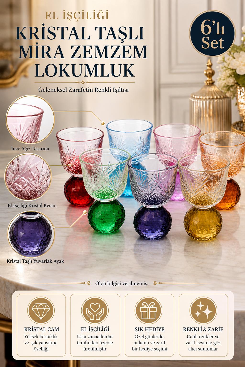 Kristal Taşlı Lokumluk 6'lı - Mıra Zemzem Lokum Sunum Seti, 6 Adet