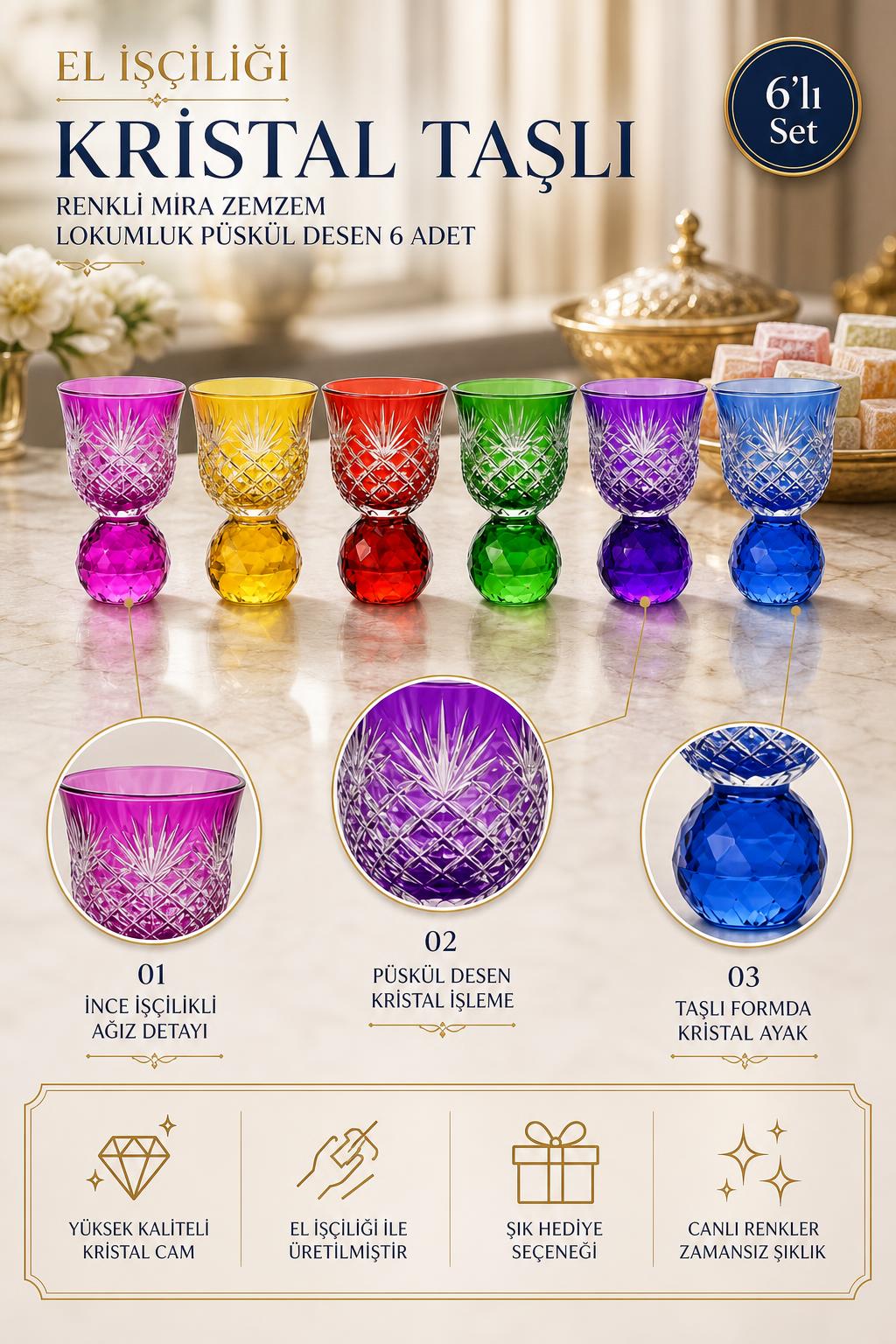 Renkli Kristal Taşlı Lokumluk 6'lı - Püskül Desen Mıra Zemzem Seti, 6 Adet
