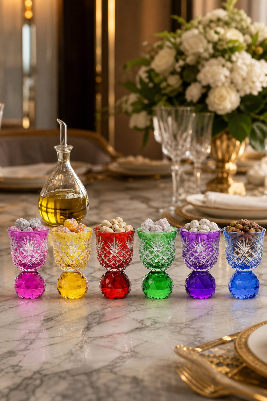 Renkli Kristal Taşlı Lokumluk 6'lı - Püskül Desen Mıra Zemzem Seti, 6 Adet