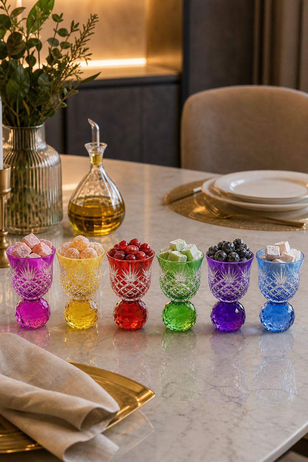 Renkli Kristal Taşlı Lokumluk 6'lı - Püskül Desen Mıra Zemzem Seti, 6 Adet