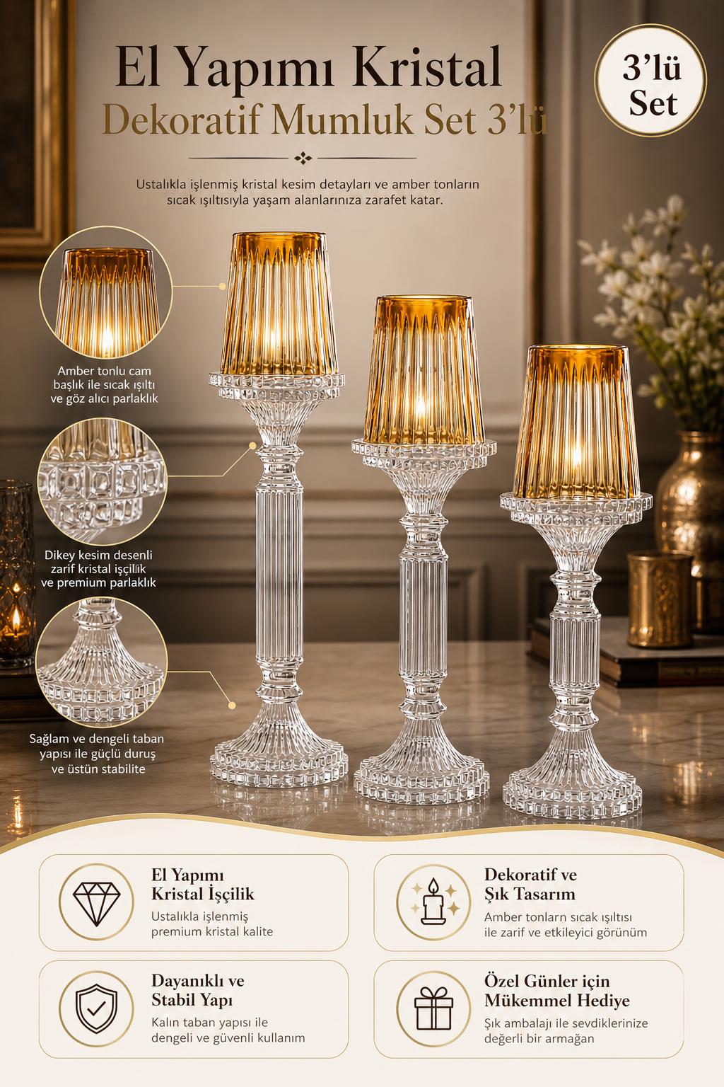 Kristal Mumluk Seti 3'lü - Dekoratif Mumluk, 3 Adet