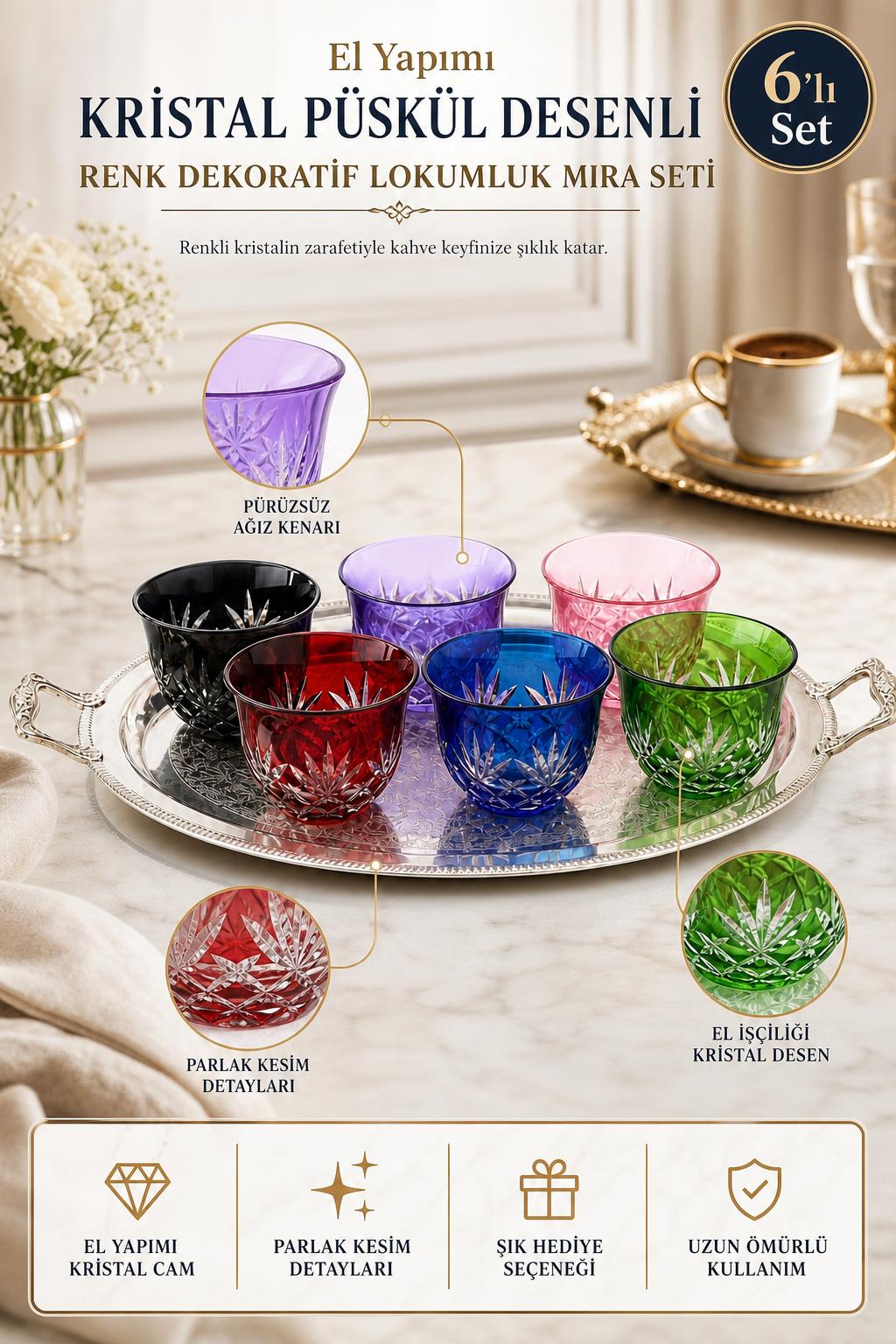 Renkli Kristal Lokumluk Mıra Seti 6+1 - Püskül Desenli Dekoratif, 6 Adet