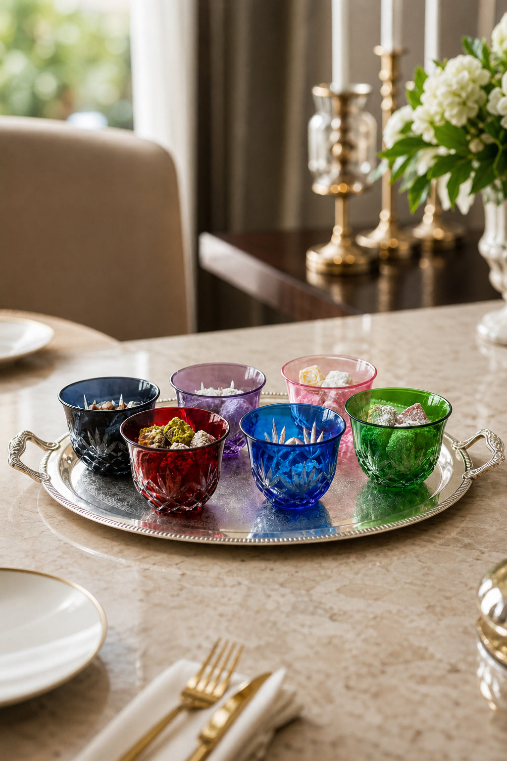 Renkli Kristal Lokumluk Mıra Seti 6+1 - Püskül Desenli Dekoratif, 6 Adet