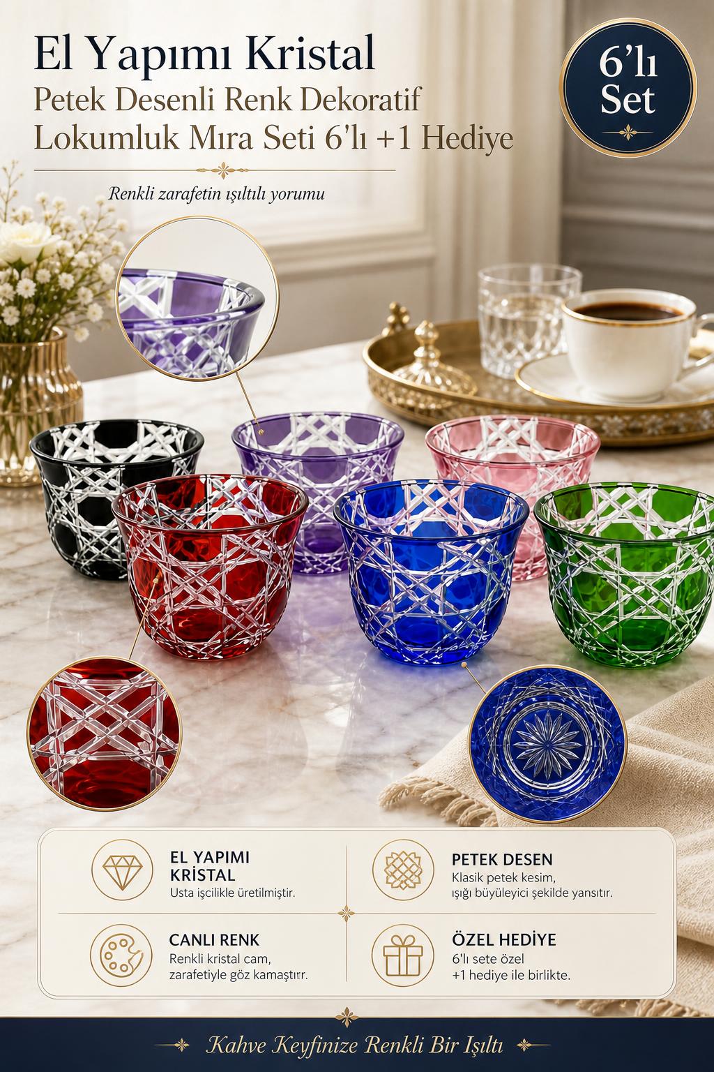 Renkli Kristal Lokumluk Mıra Seti 6'lı + 1 Hediye - Petek Desenli, 6 Adet