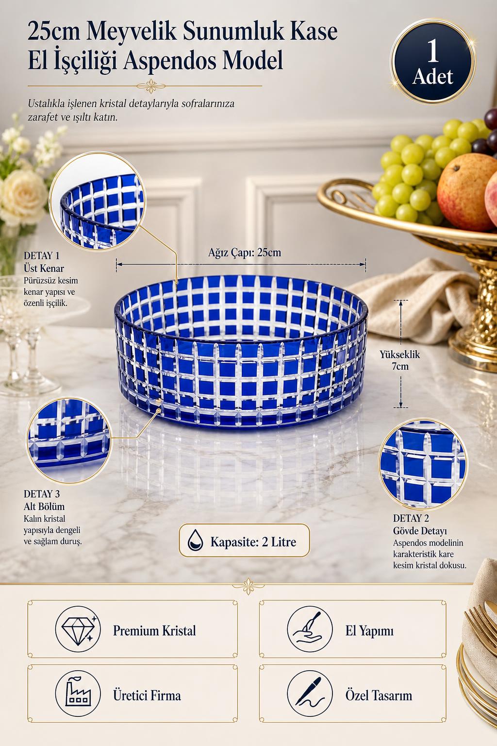 Kristal Meyvelik 25 cm - Aspendos Model Sunumluk Kase, 1 Adet