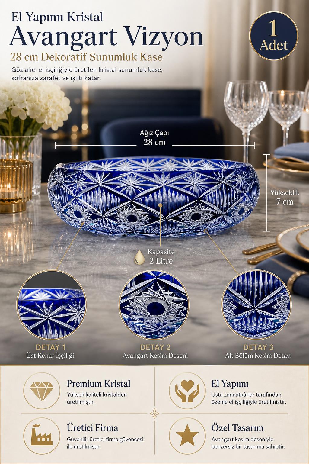 Kristal Sunumluk Kase 28 cm - Avangart Vizyon Dekoratif Sofra Kasesi, 1 Adet