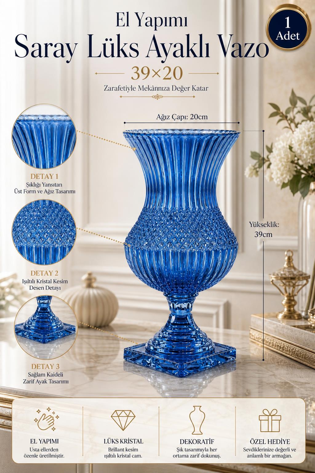 Saray Model Lüks Ayaklı Kristal Vazo 39x20 cm - Dekoratif Salon Vazosu, 1 Adet