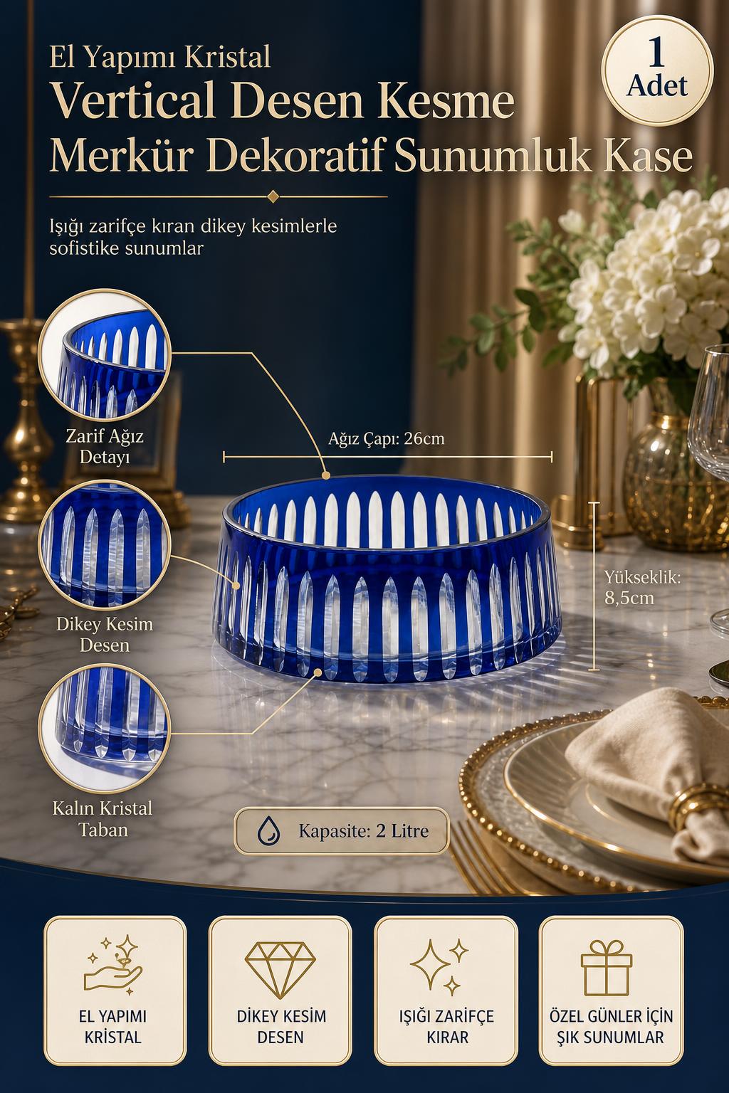 Kesme Kristal Sunumluk Kase - Merkür Vertical Desen Dekoratif, 1 Adet