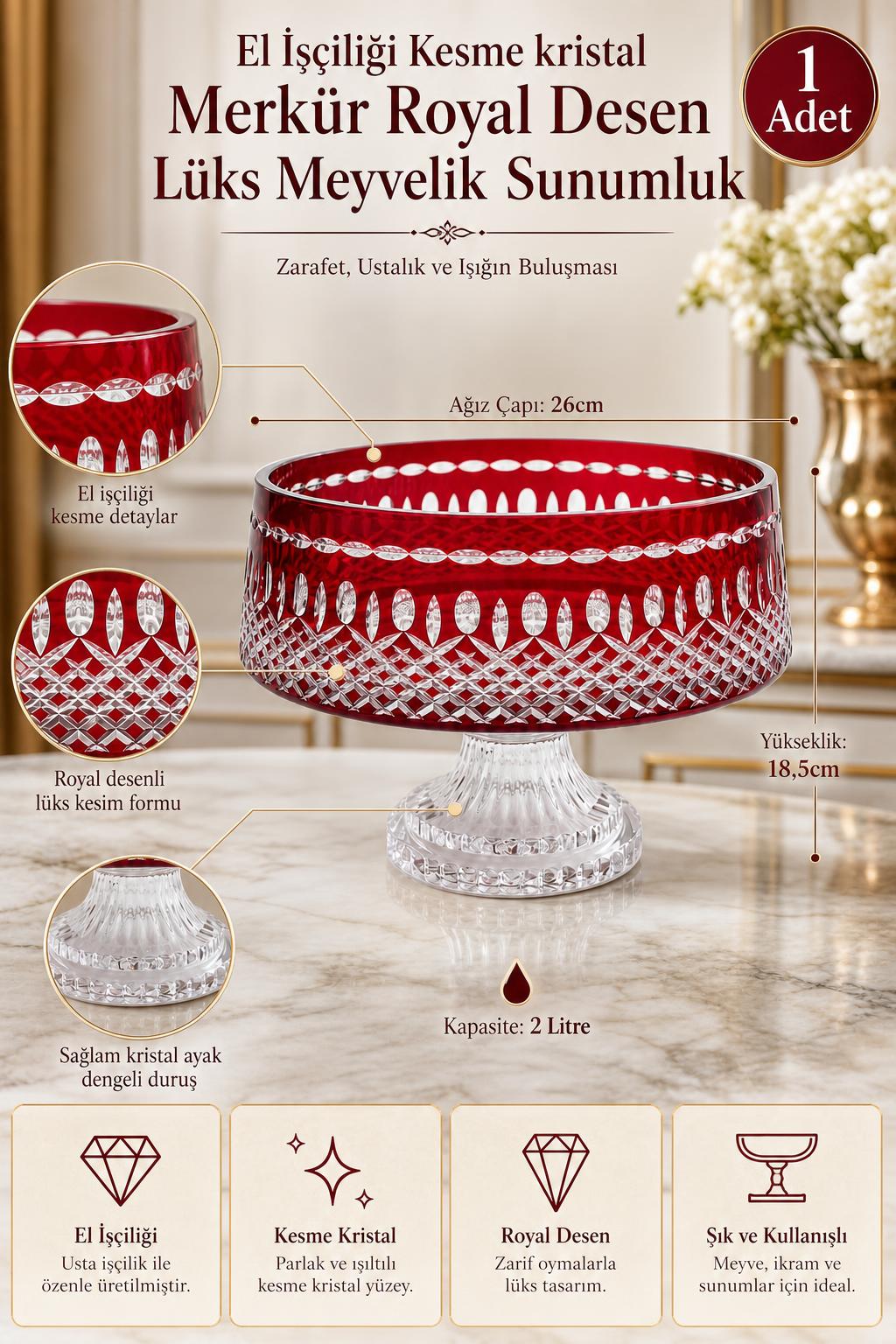 Kesme Kristal Meyvelik - Merkür Royal Desen Lüks Sunumluk Kase, 1 Adet