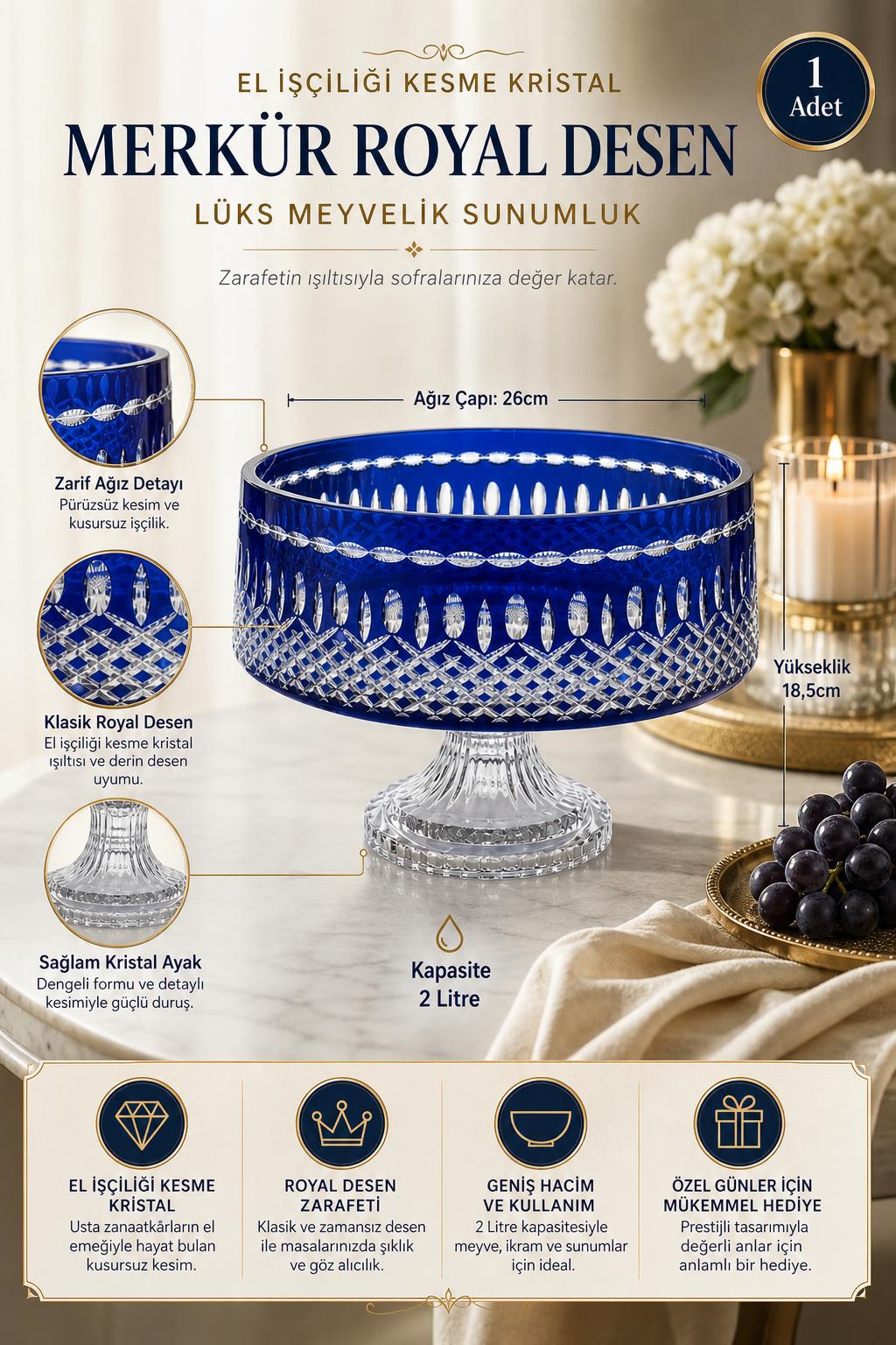 Kesme Kristal Meyvelik - Merkür Royal Desen Lüks Sunumluk Kase, 1 Adet