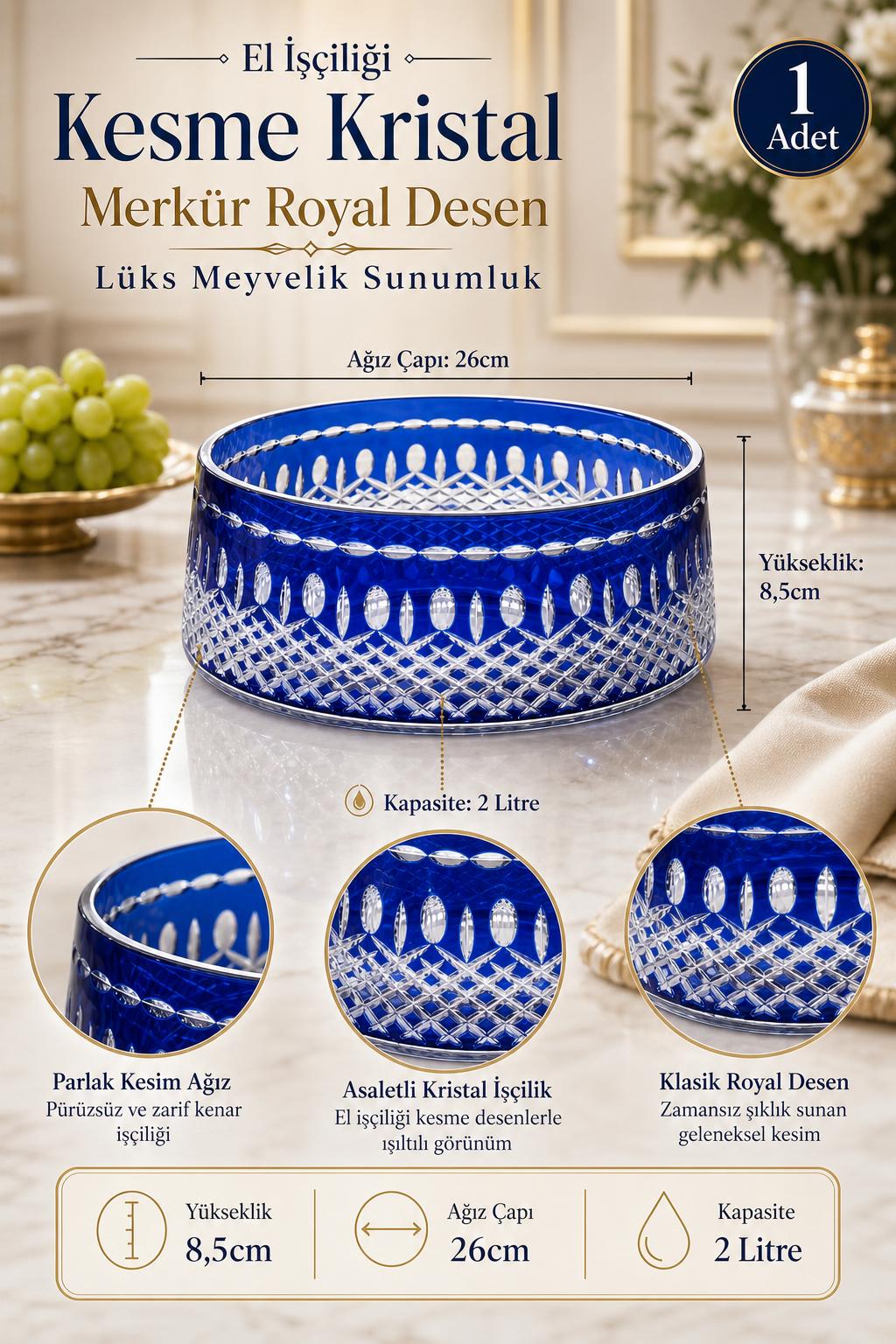 Kesme Kristal Meyvelik - Merkür Royal Desen Lüks Sunumluk Kase, 1 Adet