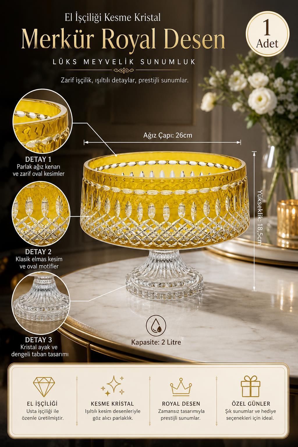 Kesme Kristal Meyvelik - Merkür Royal Desen Lüks Sunumluk Kase, 1 Adet