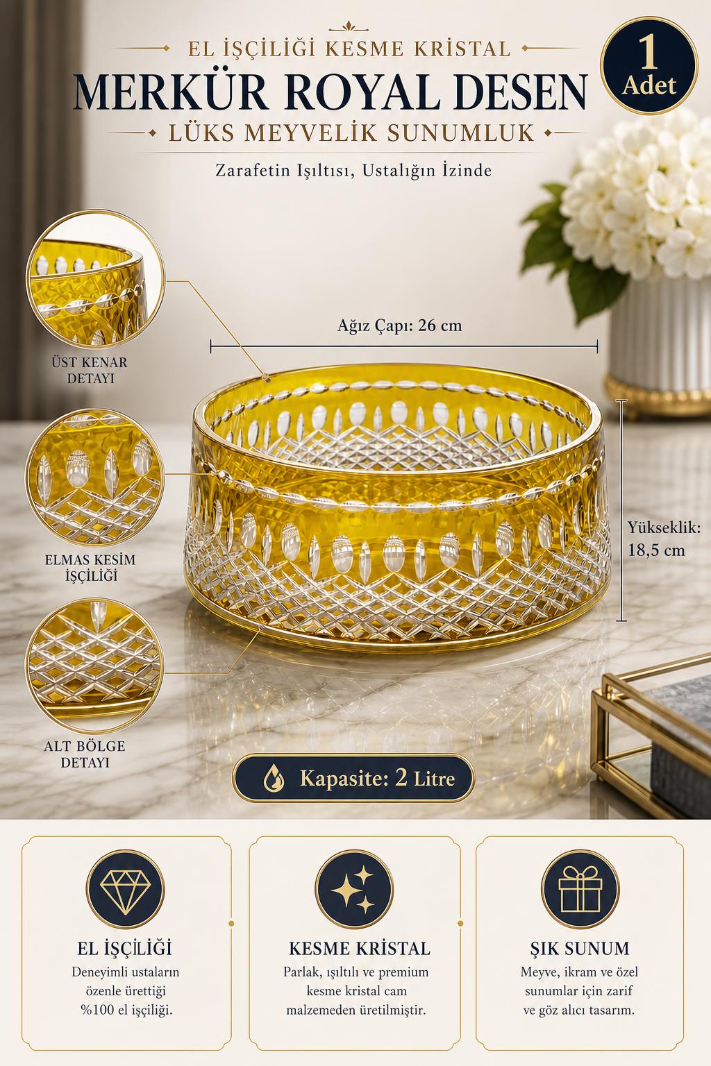Kesme Kristal Meyvelik - Merkür Royal Desen Lüks Sunumluk Kase, 1 Adet