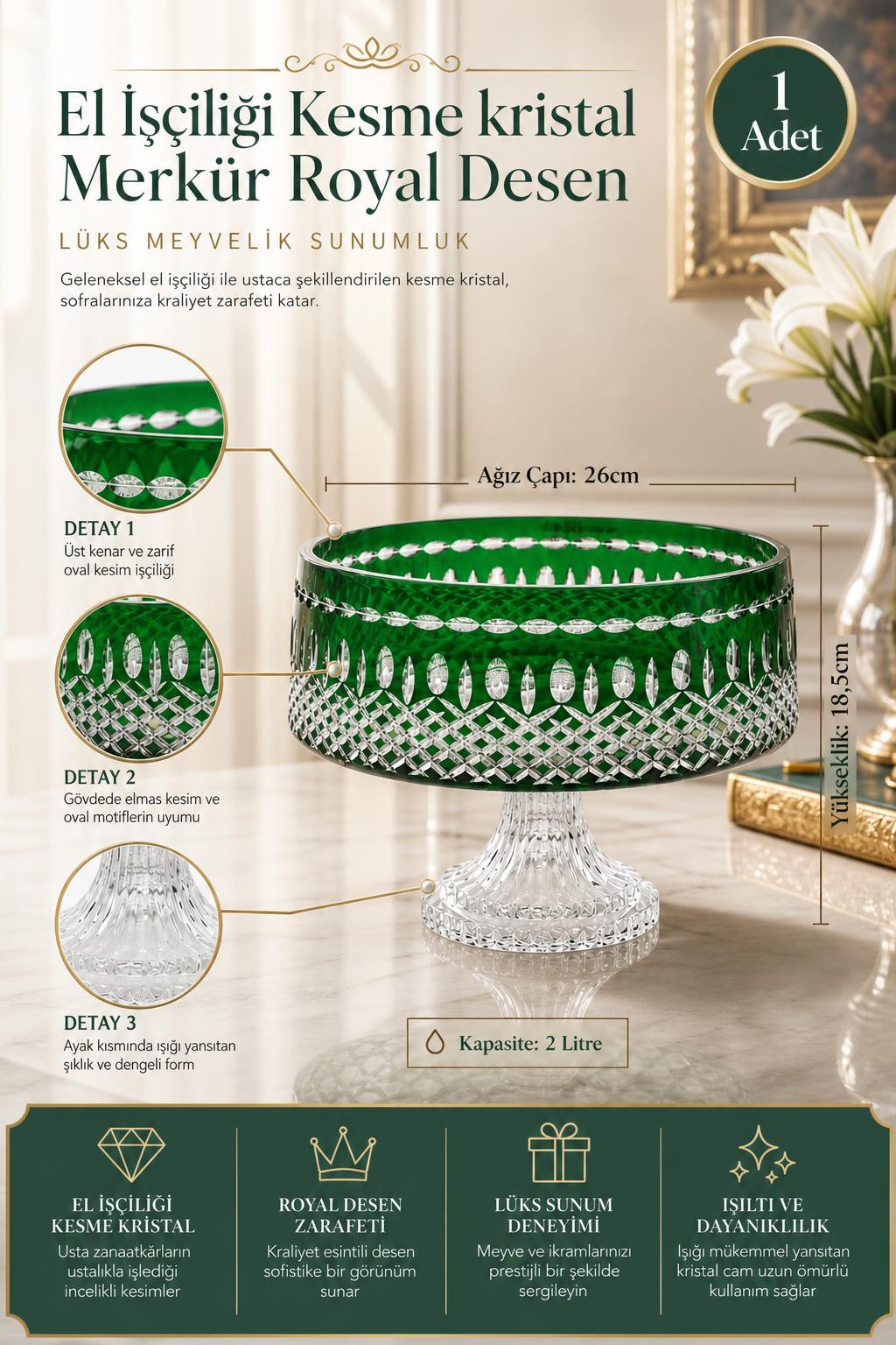 Kesme Kristal Meyvelik - Merkür Royal Desen Lüks Sunumluk Kase, 1 Adet