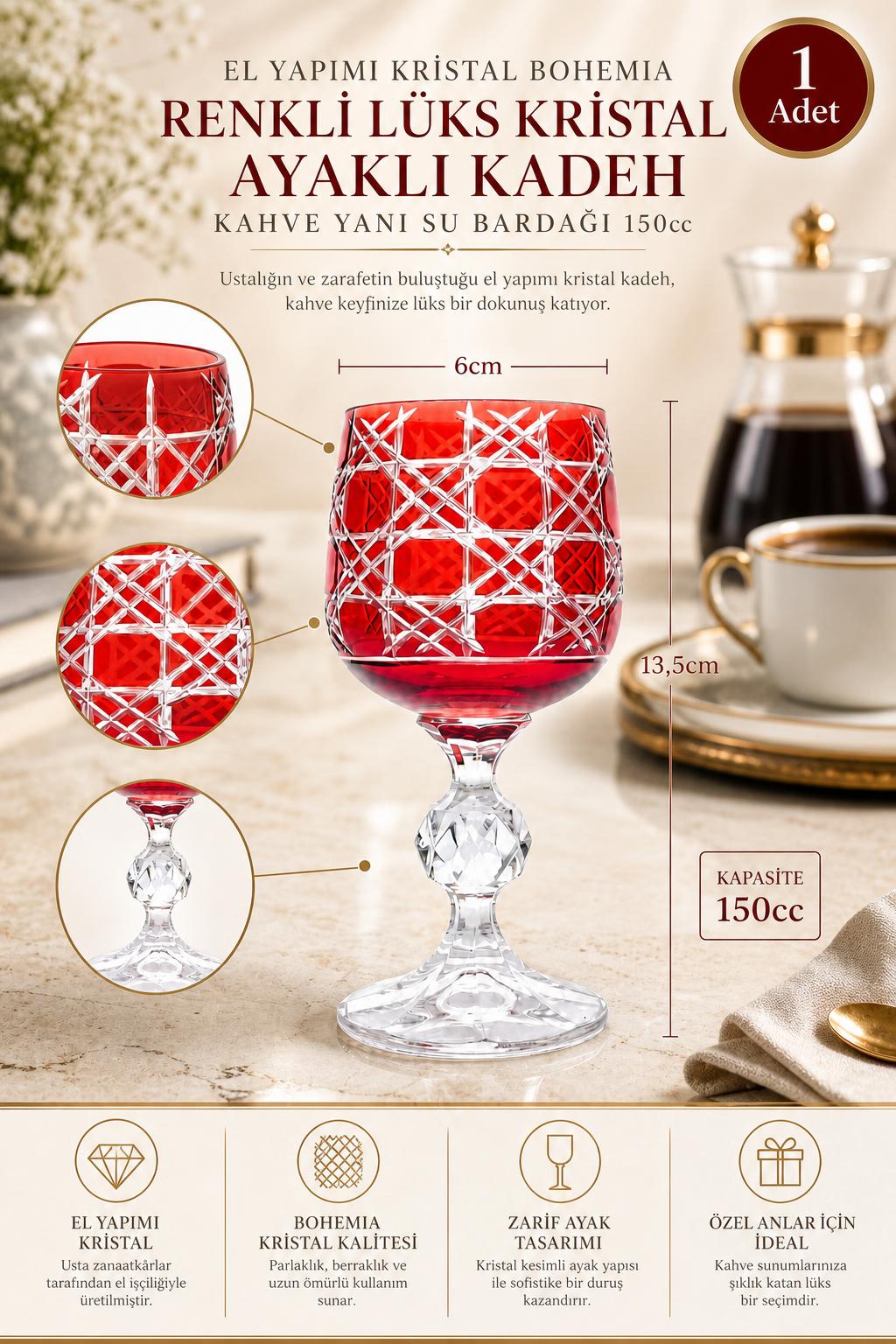 Bohemia Renkli Kristal Ayaklı Kadeh 150 cc - Kahve Yanı Su Bardağı, 1 Adet