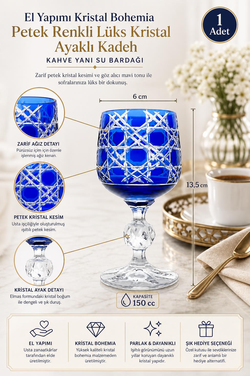 Bohemia Renkli Kristal Ayaklı Kadeh 150 cc - Petek Desen Kahve Yanı Su Bardağı, 1 Adet
