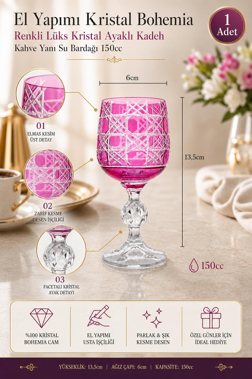 Bohemia Renkli Kristal Ayaklı Kadeh 150 cc - Kahve Yanı Su Bardağı, 1 Adet