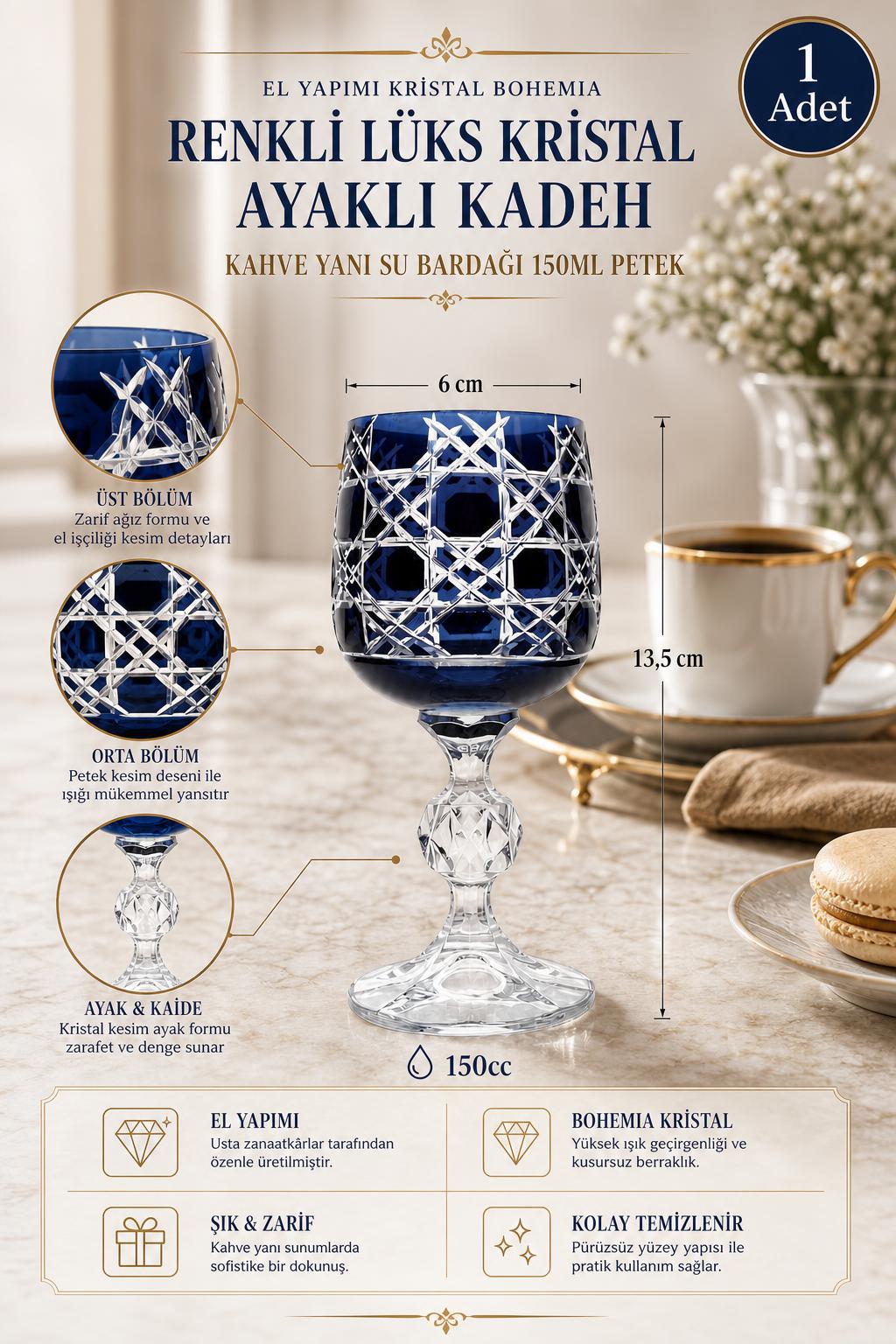 Bohemia Renkli Kristal Ayaklı Kadeh 150 cc - Petek Desen Kahve Yanı Su Bardağı, 1 Adet