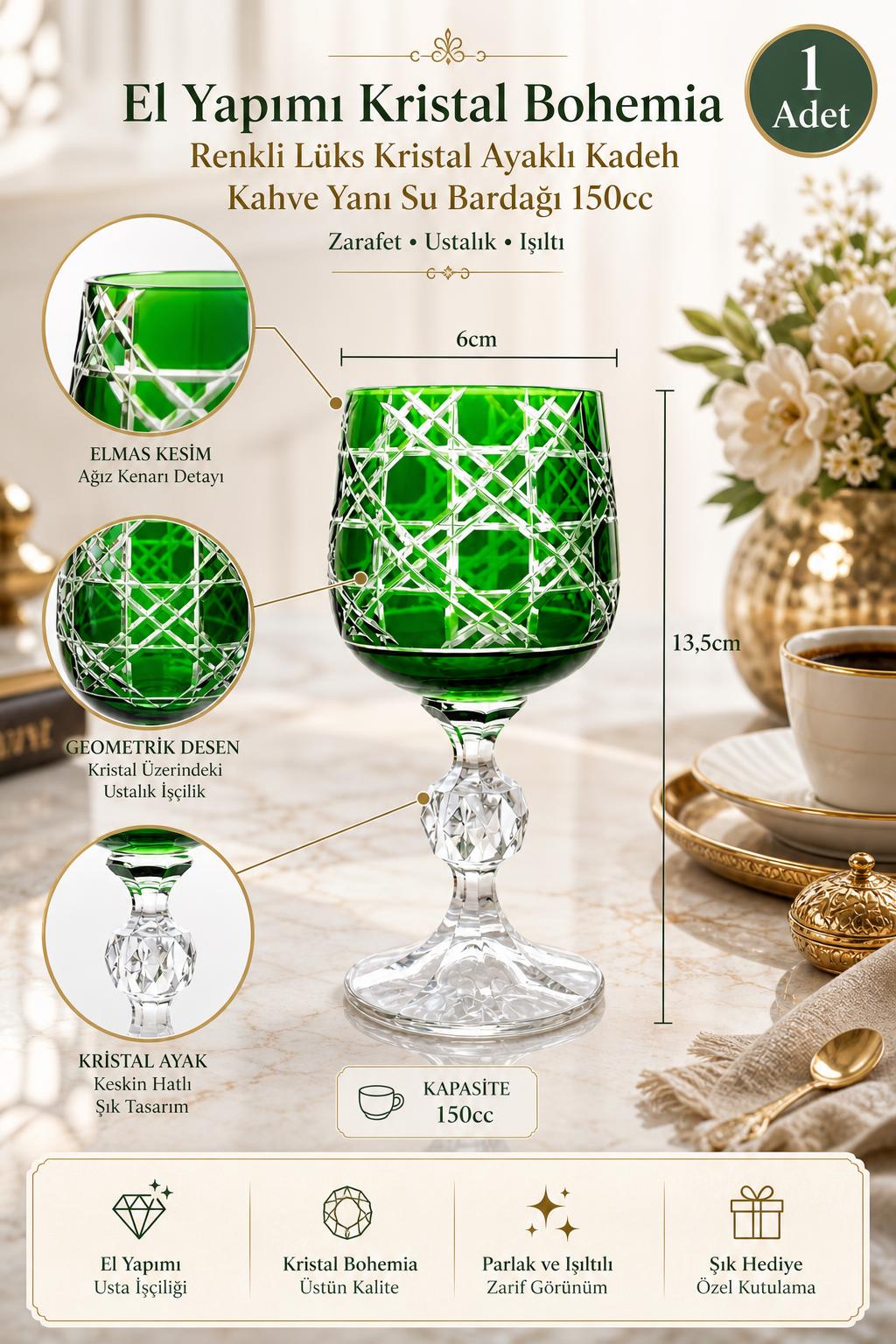 Bohemia Renkli Kristal Ayaklı Kadeh 150 cc - Kahve Yanı Su Bardağı, 1 Adet