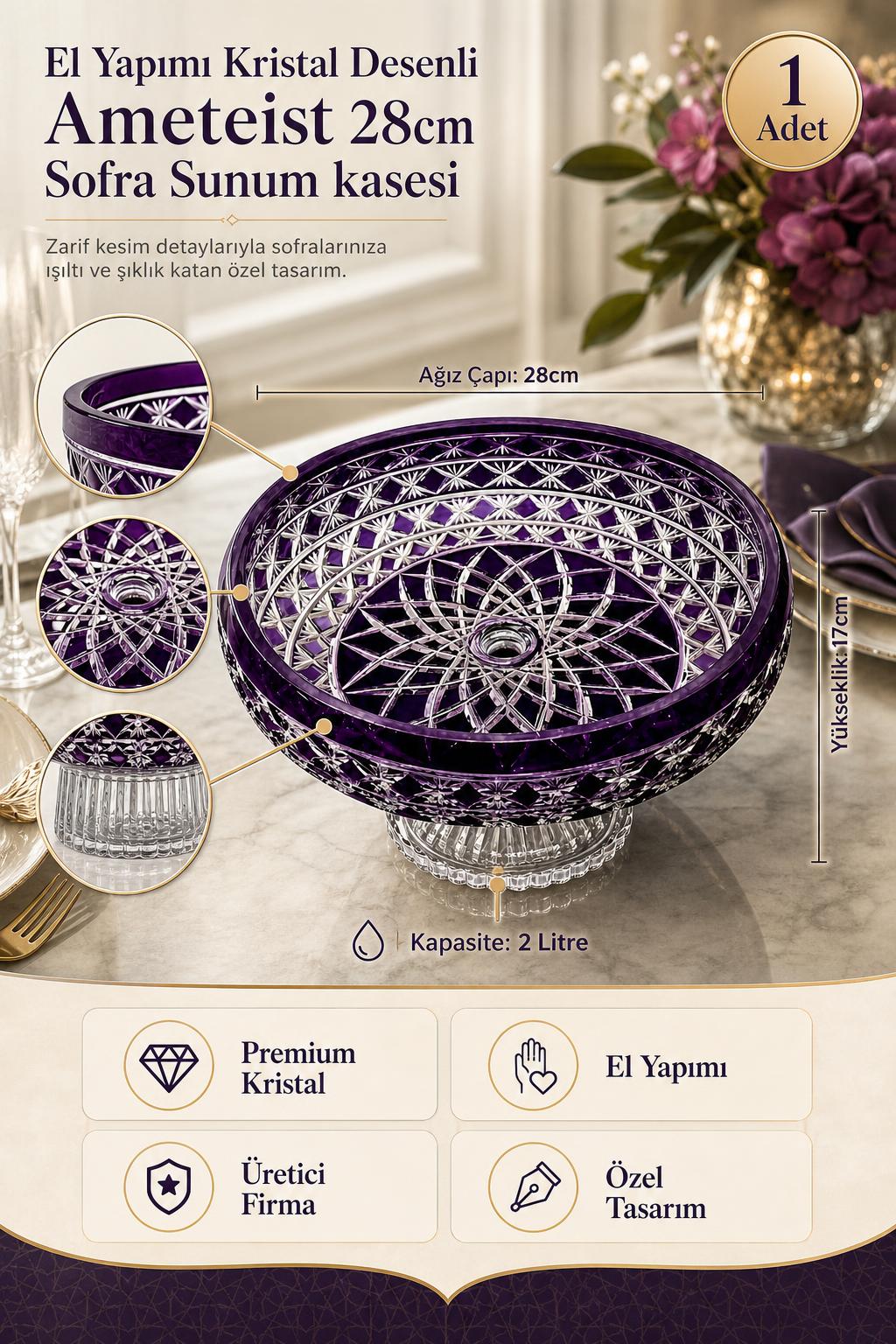 Kristal Sunum Kasesi 28 cm - Ametist Desenli Dekoratif Sofra Kasesi, 1 Adet
